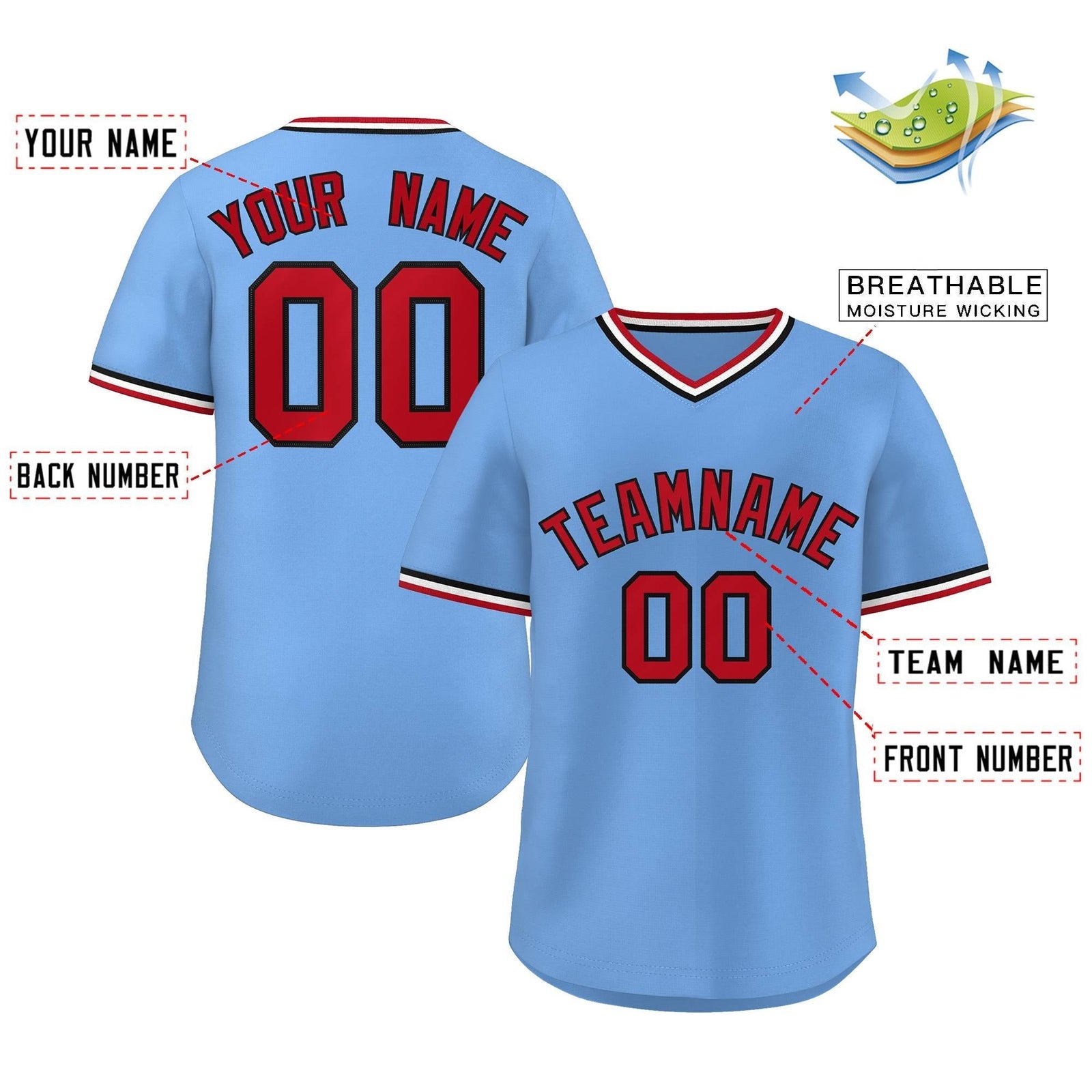 Custom Light Blue Red-White Classic Style Outdoor Authentic Pullover Baseball Jersey