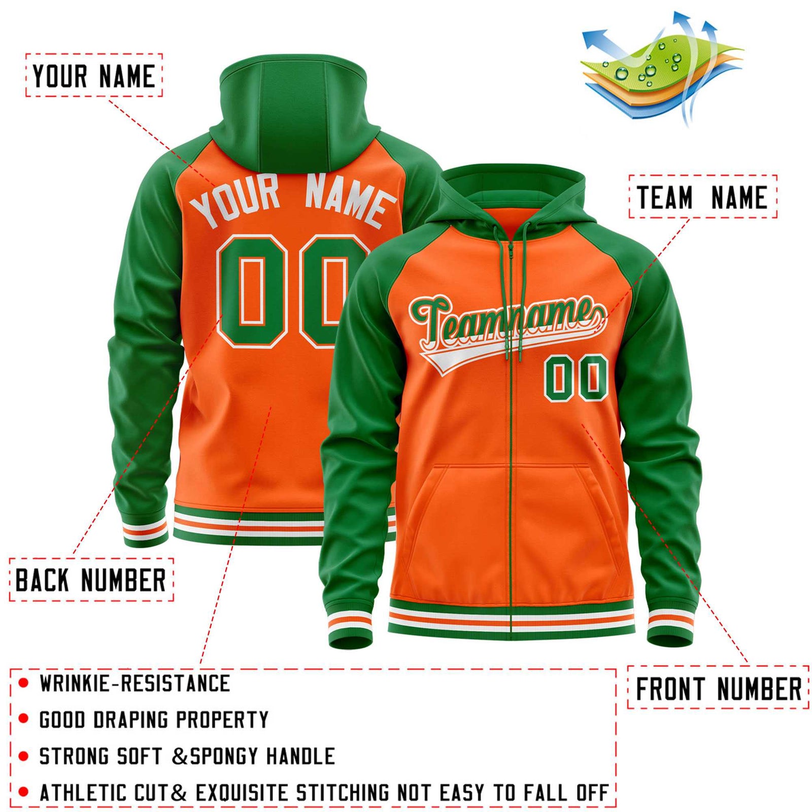 Custom Stitched Orange Kelly Green Raglan Sleeves Sports Full-Zip Sweatshirt Hoodie