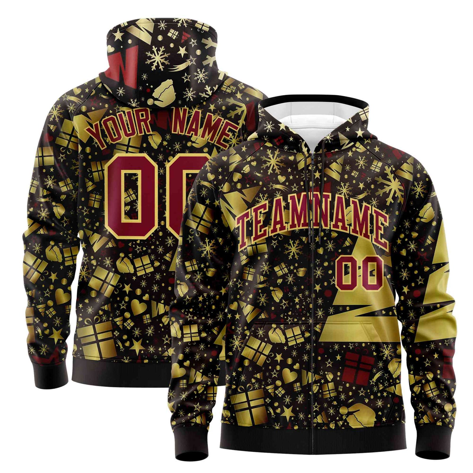 Custom Brown Crimson Christmas Graffiti Pattern Athletic Full-Zip Hoodie
