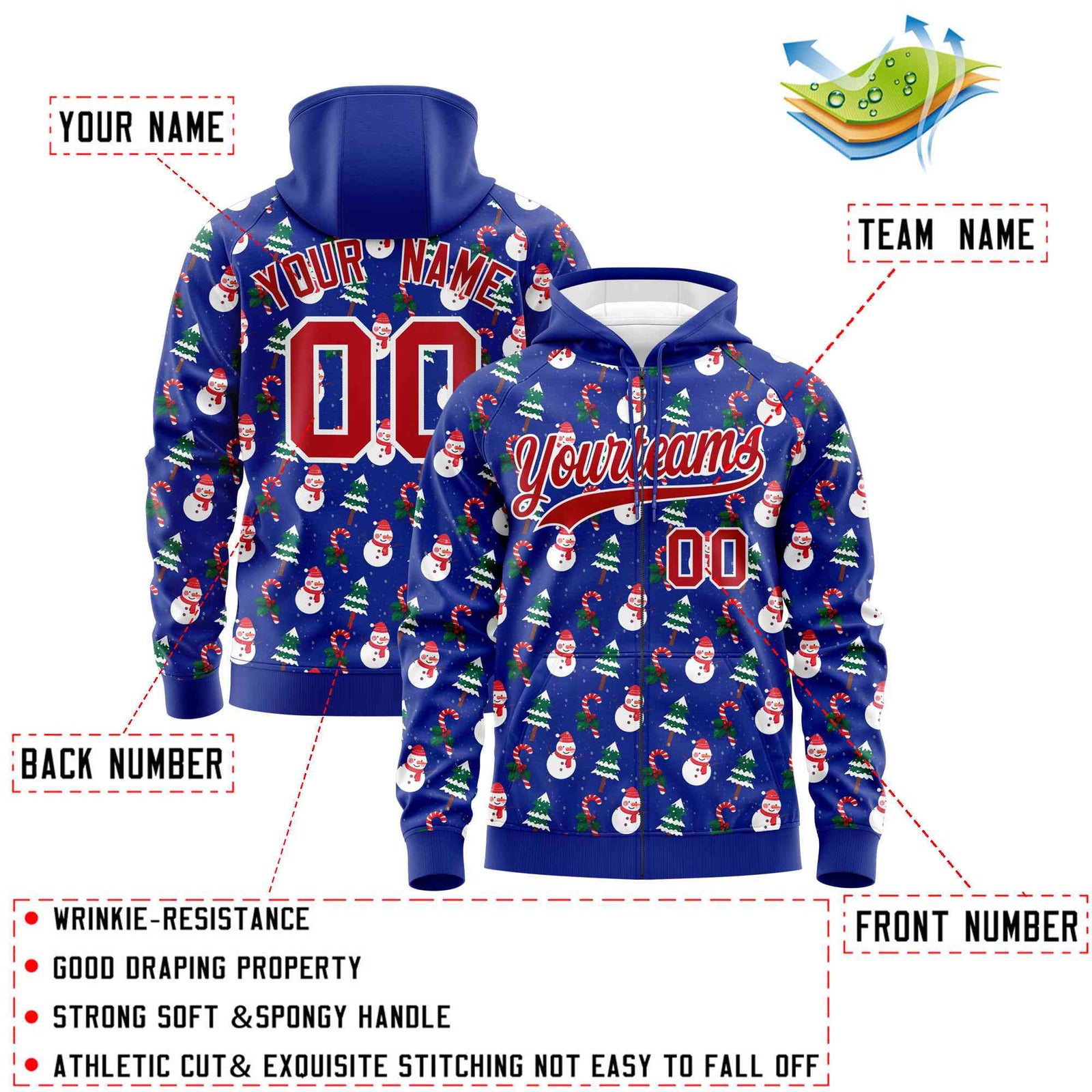 Custom Royal Blue Red Christmas Graffiti Pattern Athletic Full-Zip Hoodie
