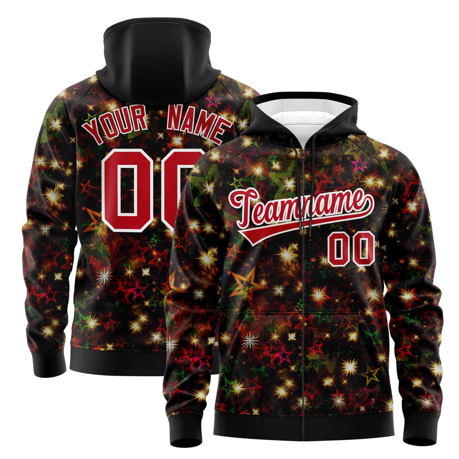 Custom Black Red Christmas Graffiti Pattern Athletic Full-Zip Hoodie| KXKSHOP