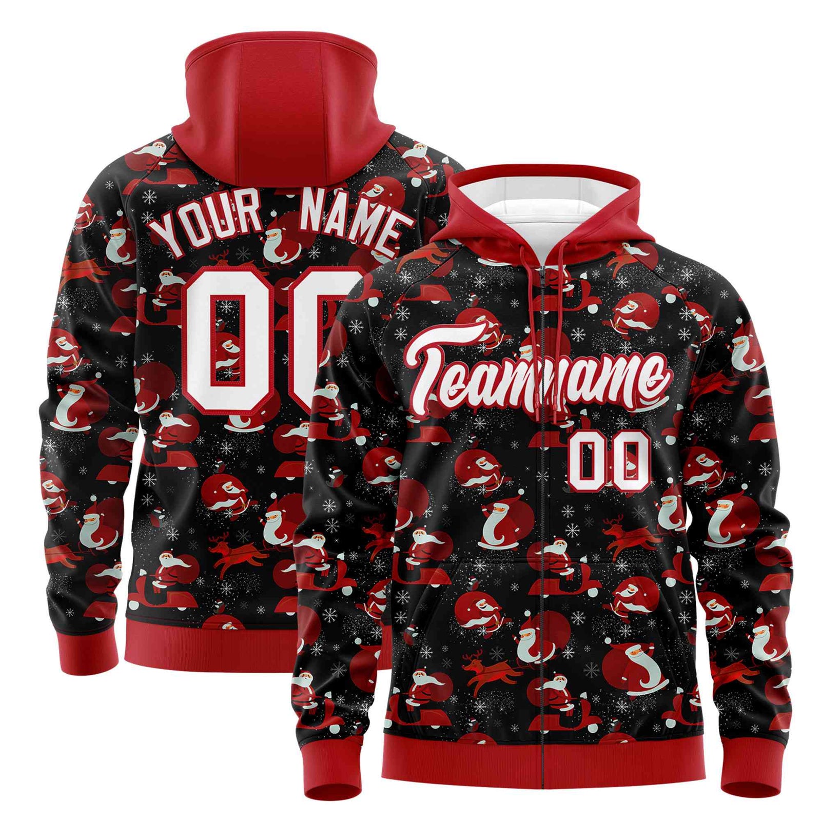 Custom Black Red Christmas Graffiti Pattern Athletic Full-Zip Hoodie