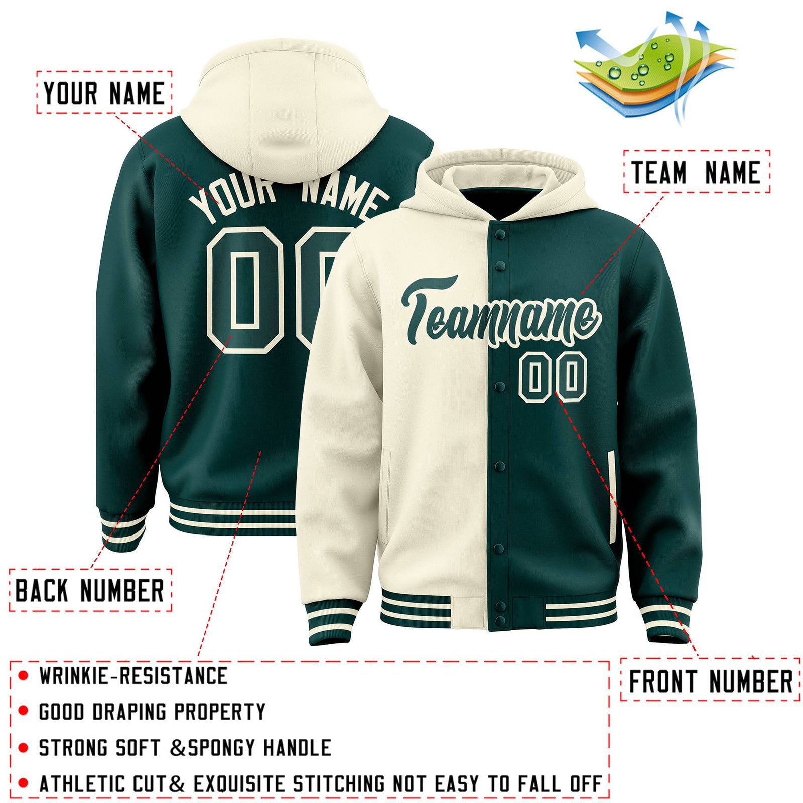 Custom Cream Midnight Green Split Fashion Varsity Full-Snap Letterman Two Tone Hoodie Jacket