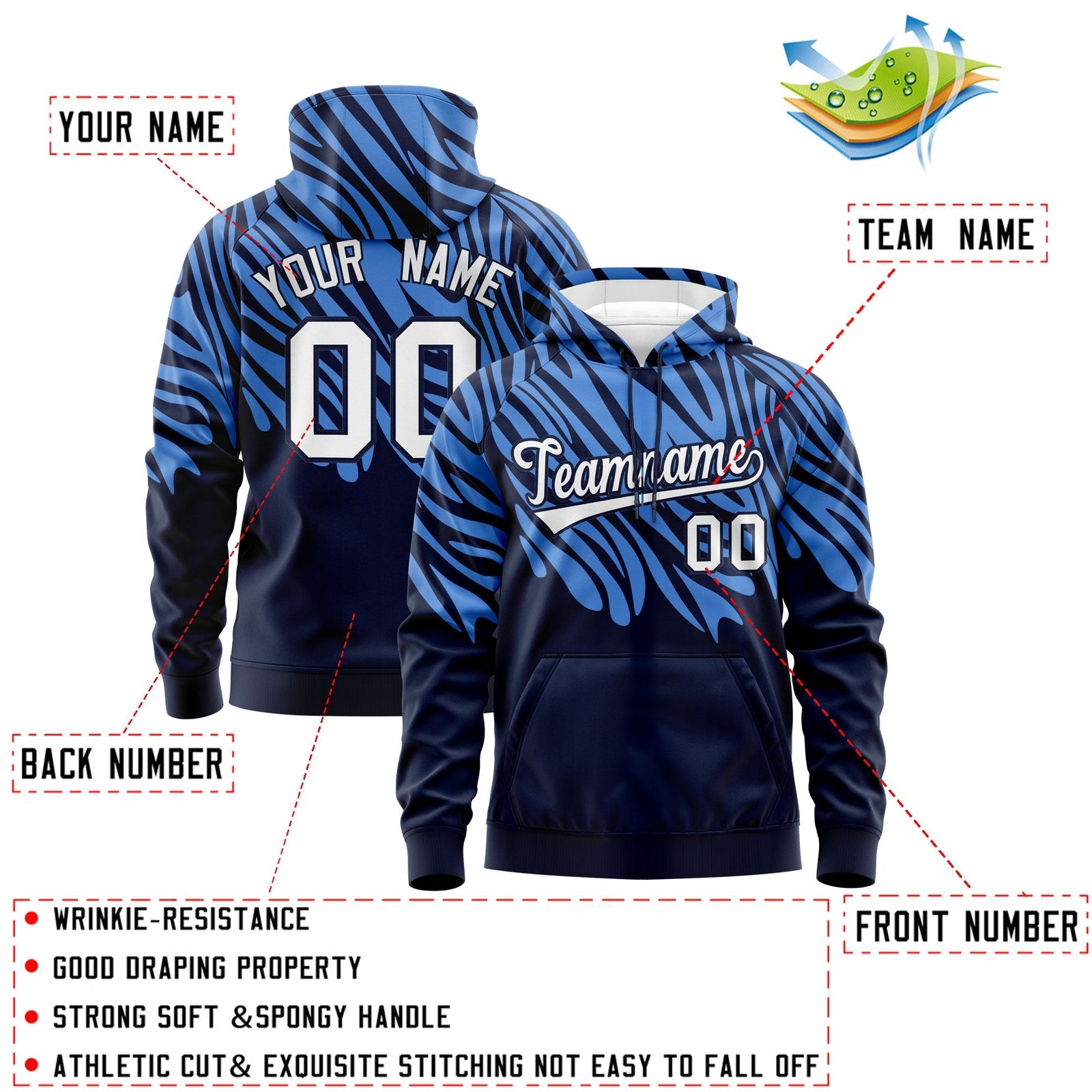 Custom Powder Blue Navy Leopard Print Pullover Sweatshirt Hoodie| KXKSHOP