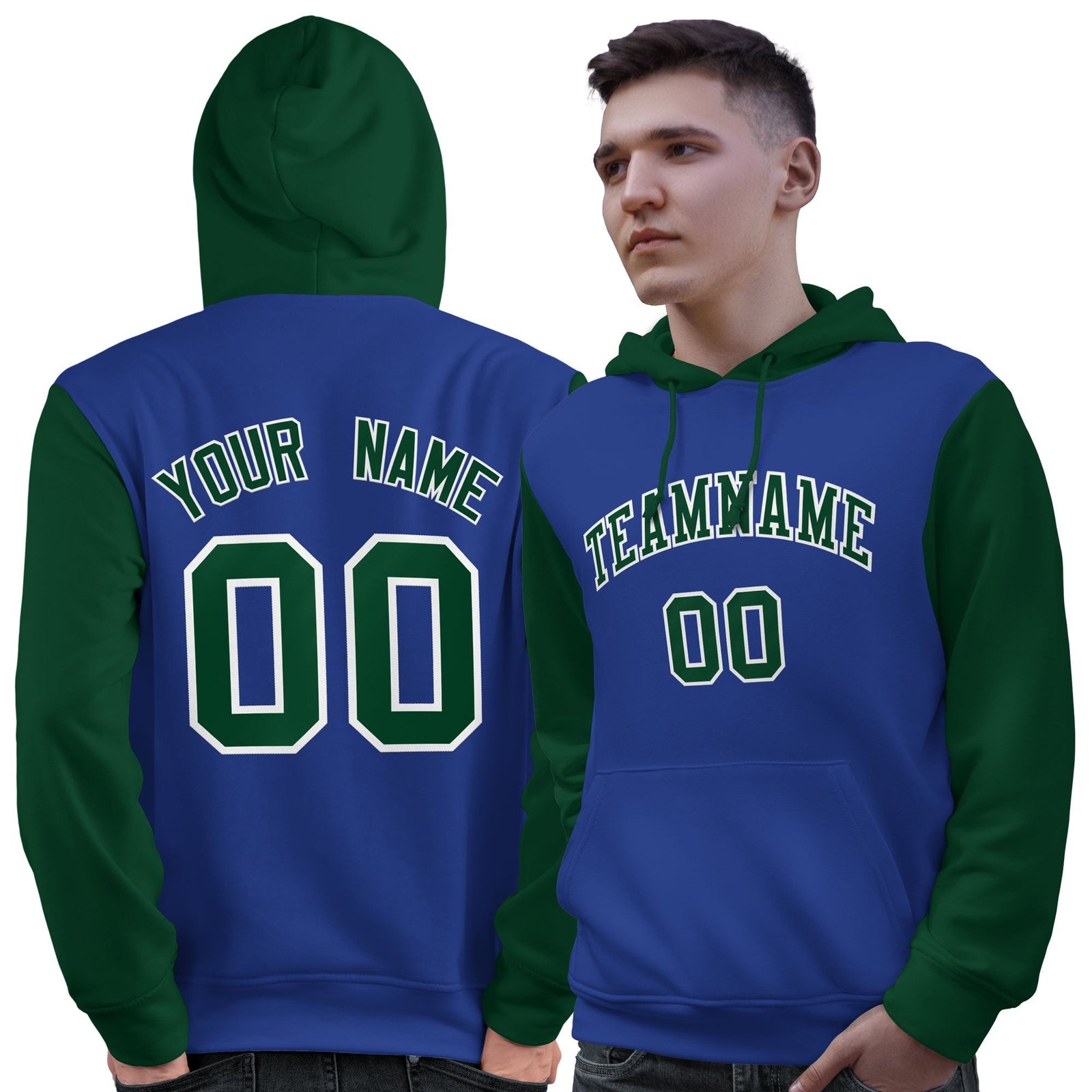 Custom Royal Green-White Raglan Sleeves Pullover Personalized Sweatshirt Hoodie