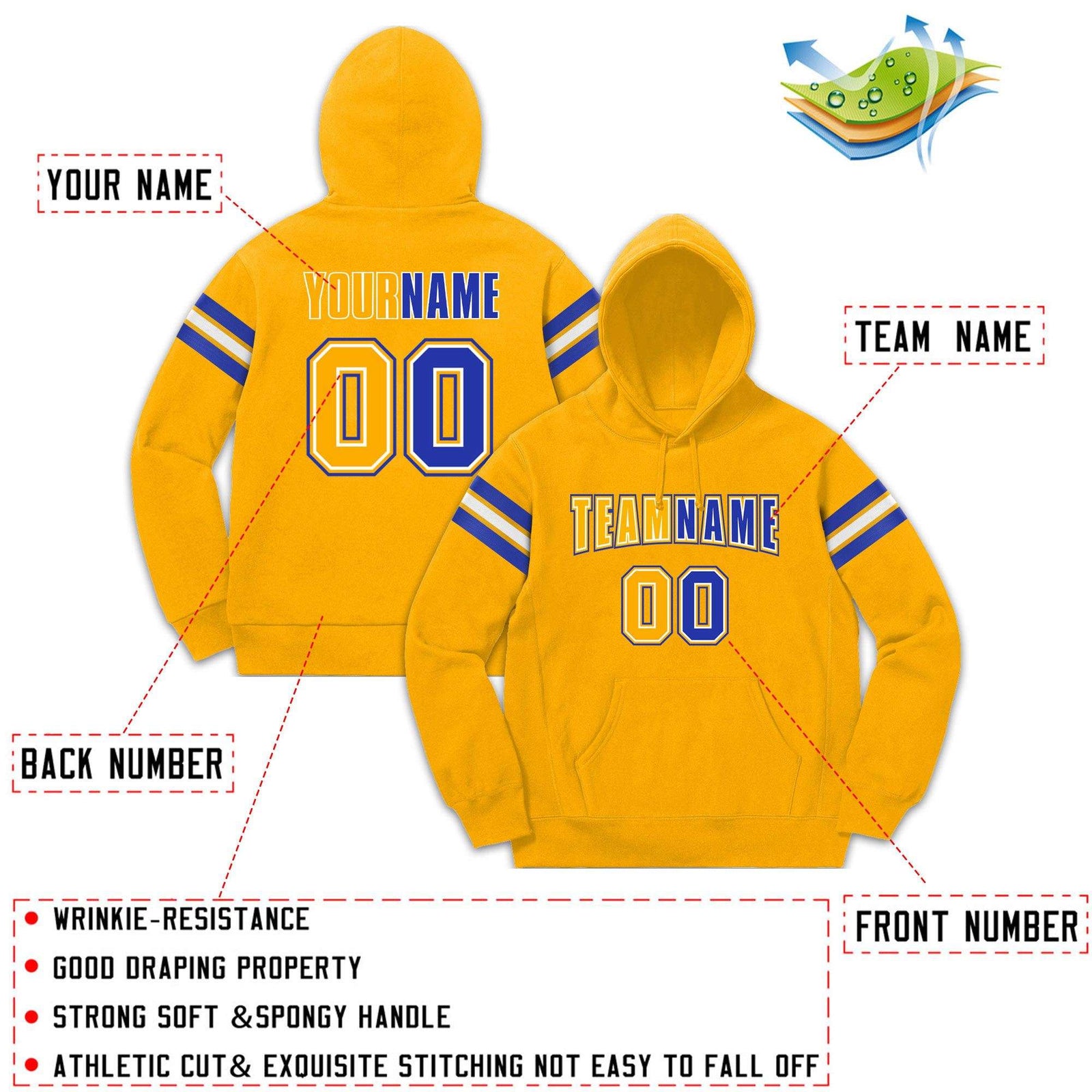Custom Stitched Yellow Royal-White Cotton Pullover Sweatshirt Hoodie