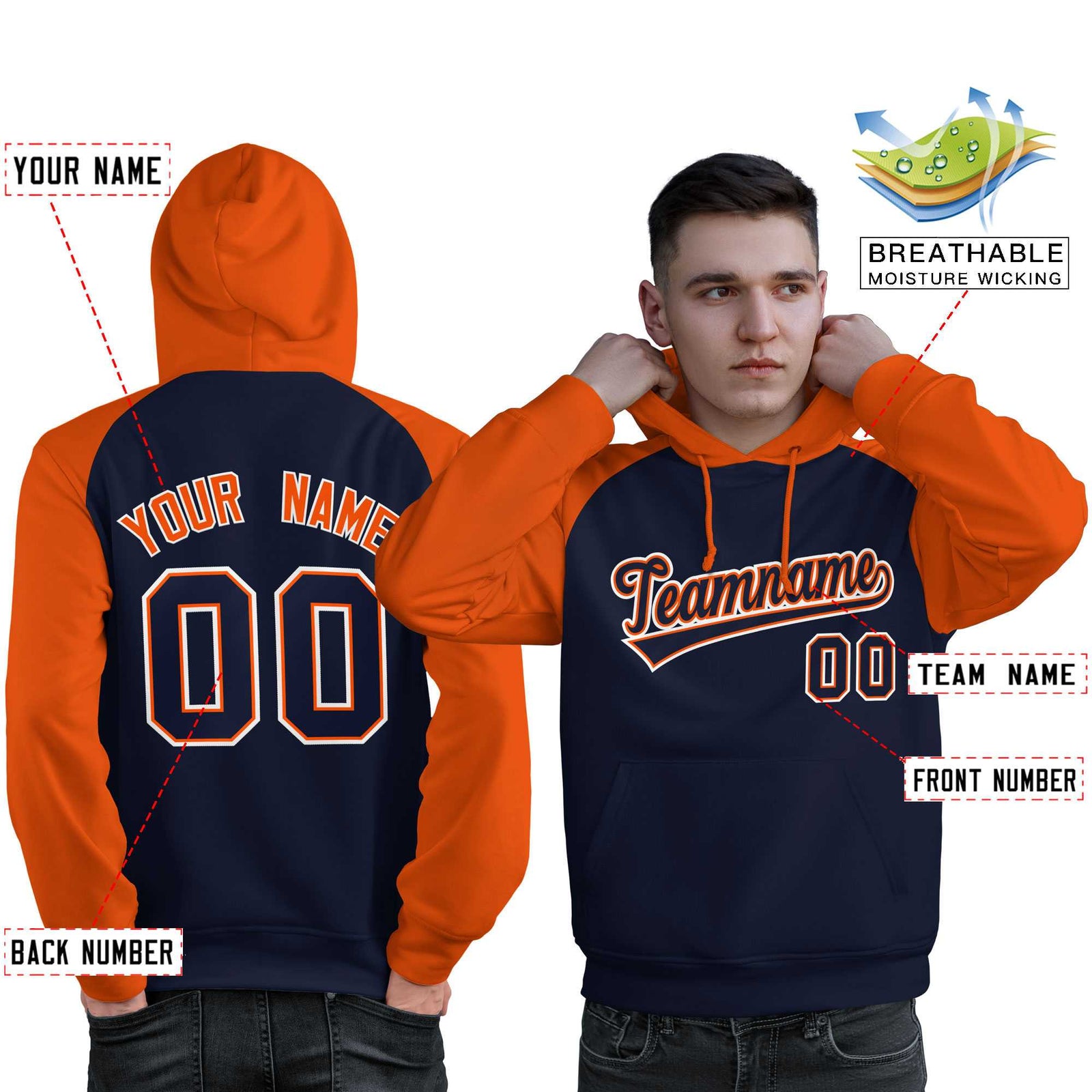 Custom Stitched Navy Orange Raglan Sleeves Sports Pullover Sweatshirt Hoodie For Men