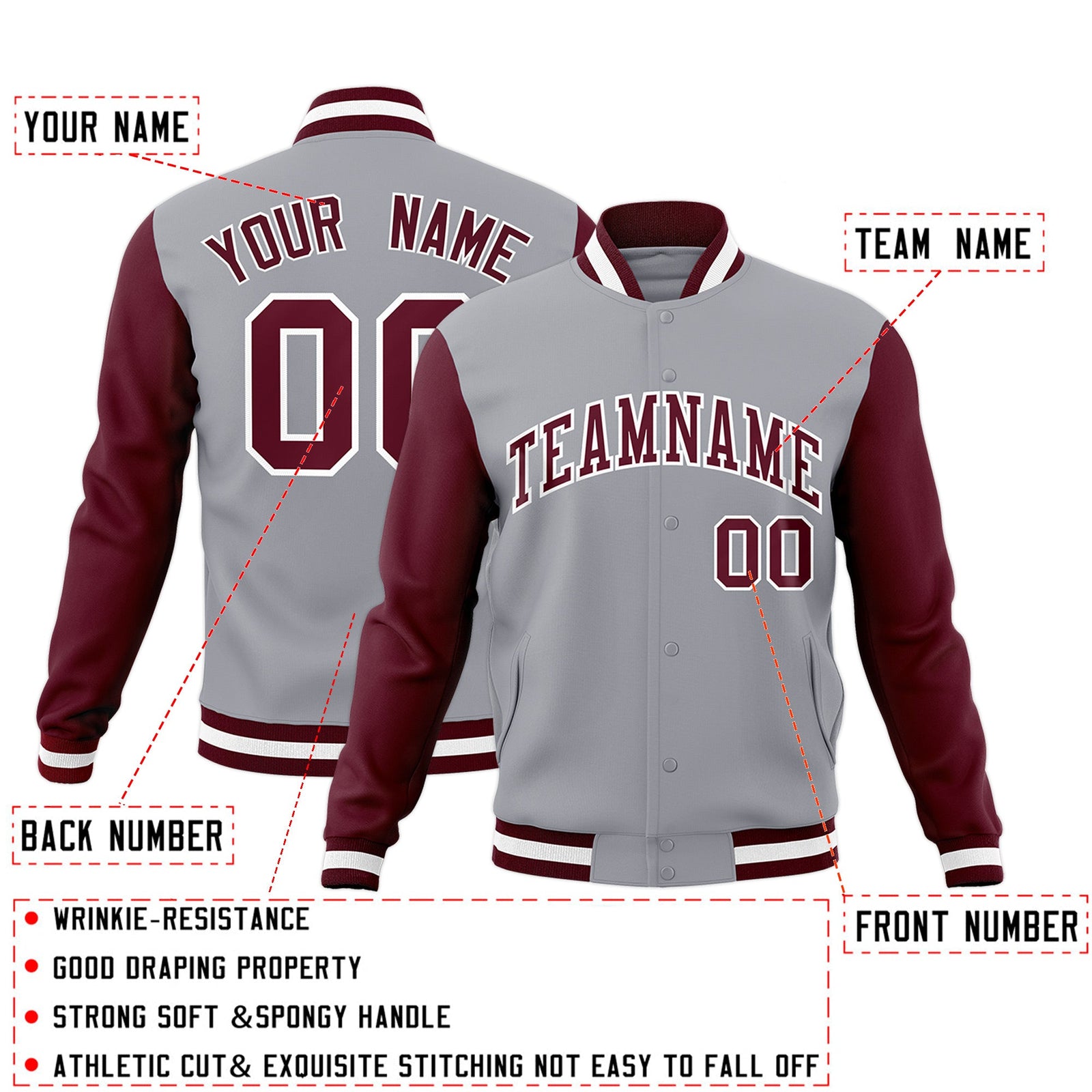 Custom Gray Crimson-White Raglan Sleeves Varsity Full-Snap Letterman Jacket