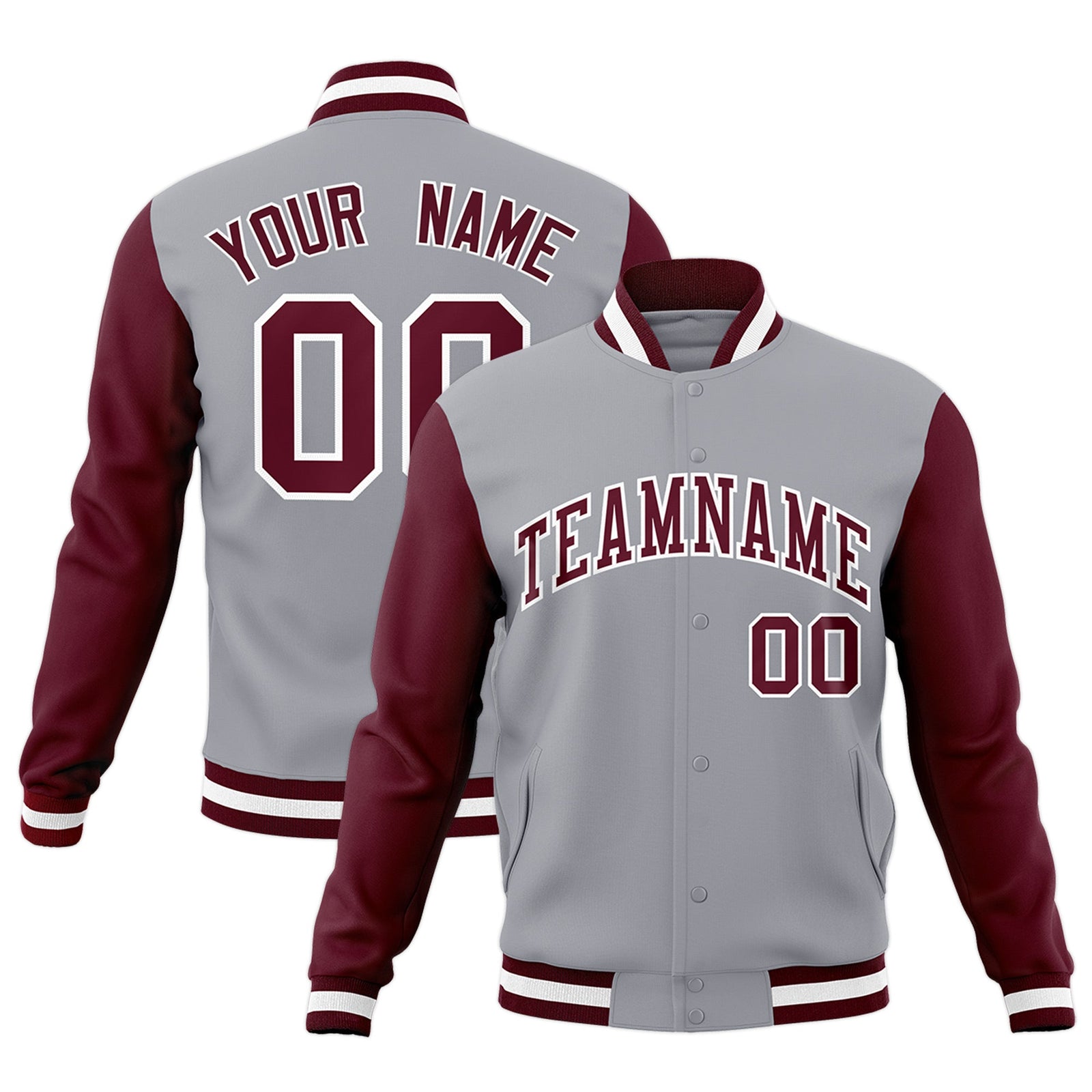 Custom Gray Crimson-White Raglan Sleeves Varsity Full-Snap Letterman Jacket