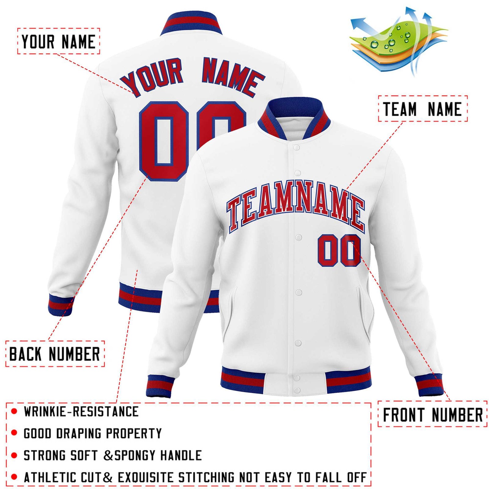 Custom White Red-Royal Classic Style Varsity Full-Snap Letterman Jacket