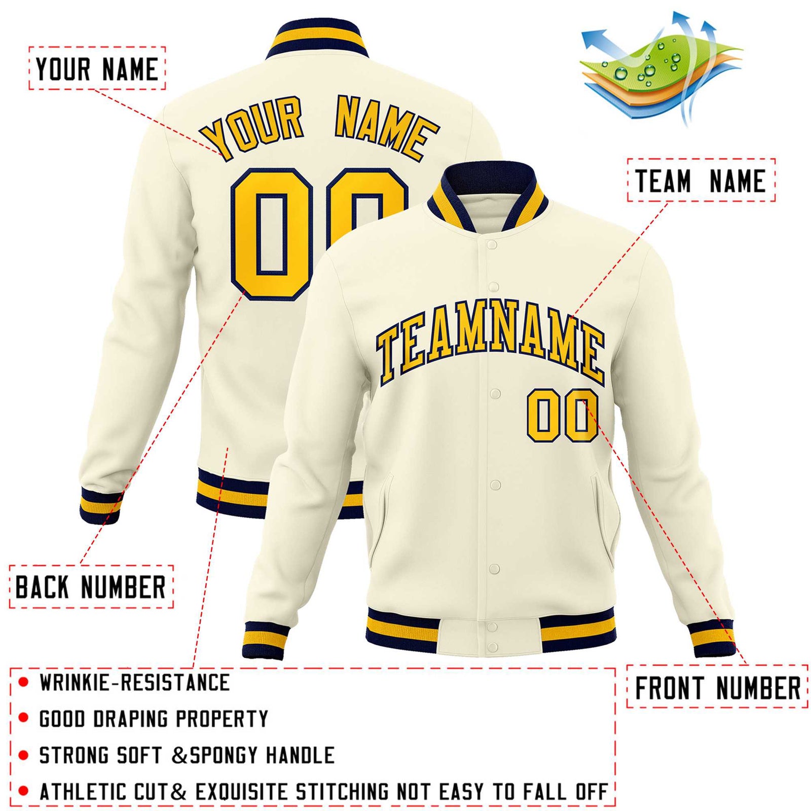 Custom Khaki Gold-Navy Classic Style Varsity Full-Snap Letterman Jacket