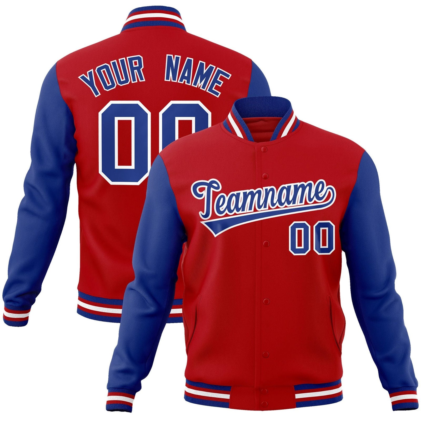 custom red and royal long sleeve casual varsity baseball full snap jacket