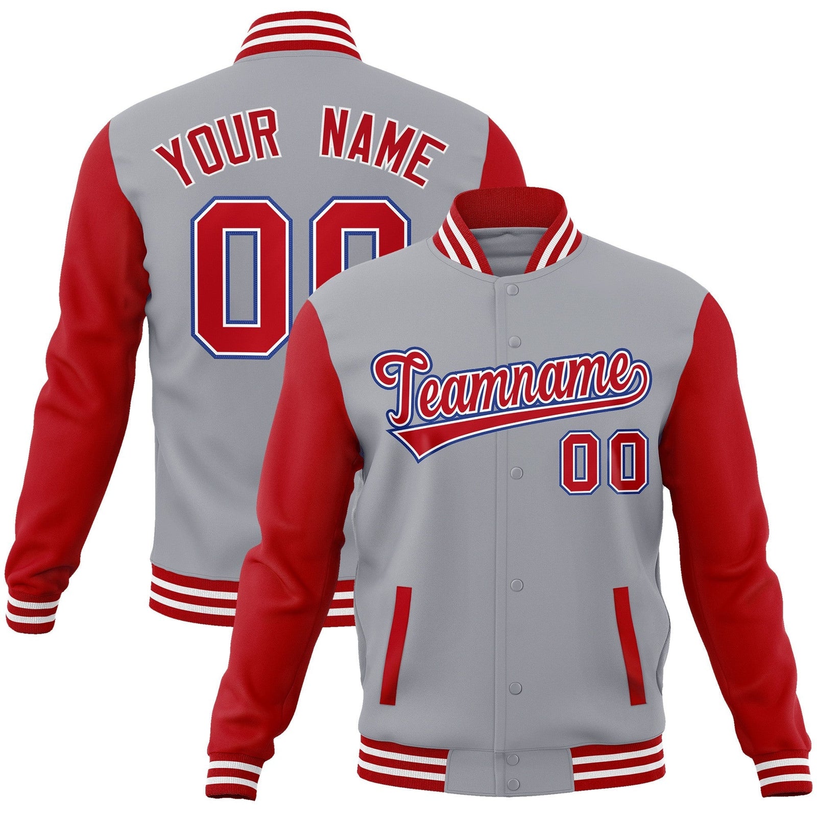 Custom Gray Red-White Raglan Sleeves Varsity Full-Snap Letterman Jacket