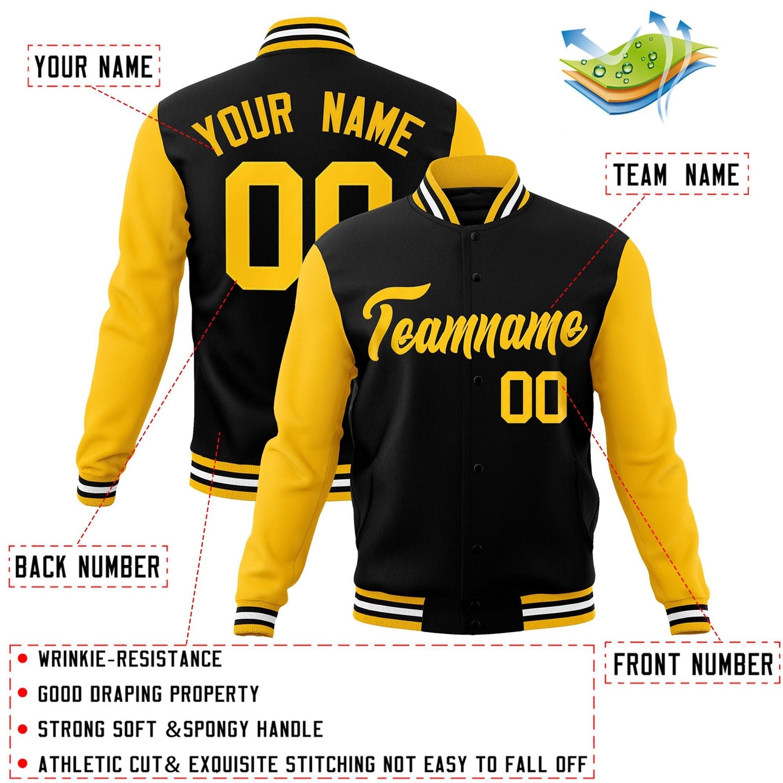 Custom Black Gold Raglan Sleeves Varsity Full-Snap Letterman Jacket
