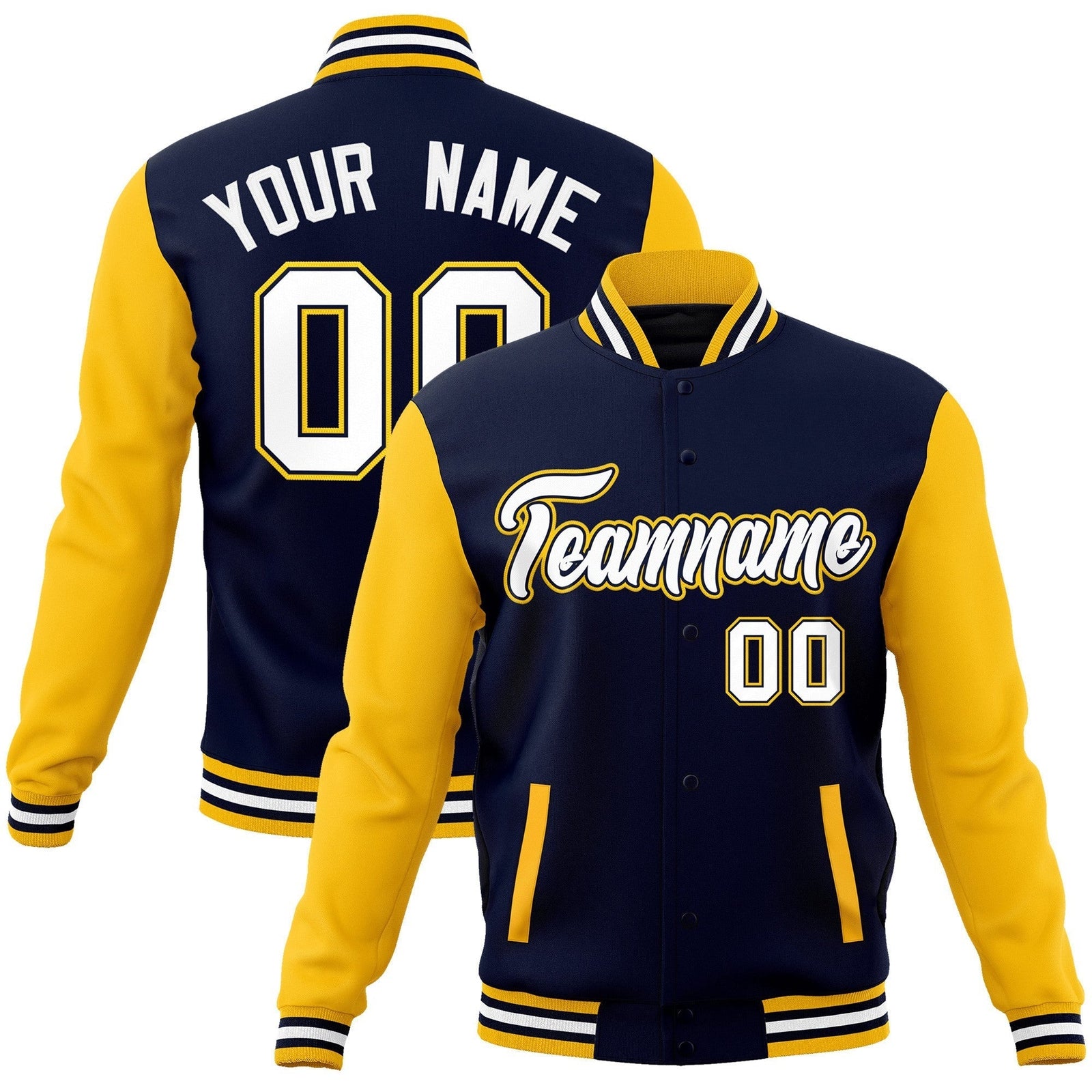 Custom Navy Yellow Raglan Sleeves Varsity Full-Snap Letterman Jacket