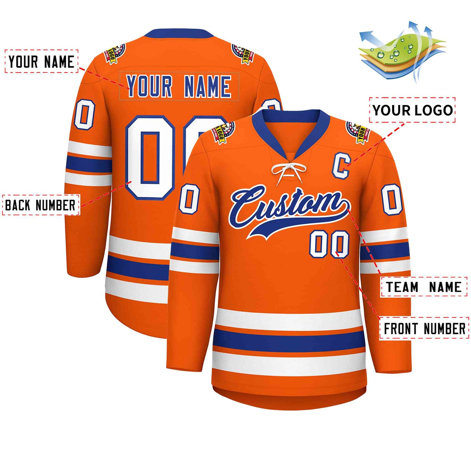 Custom Orange Royal-White Lace-Up Neck Hockey Jersey