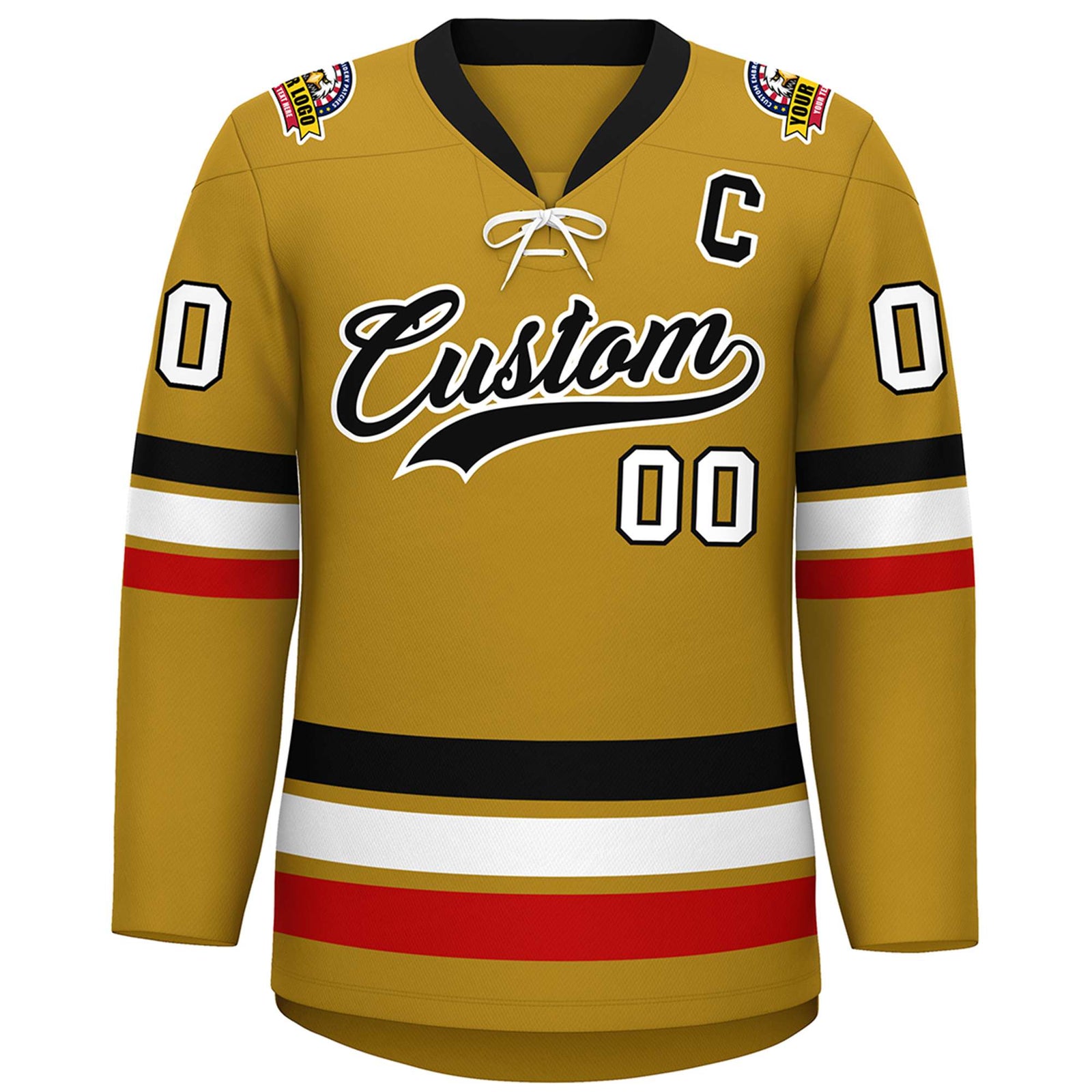 Custom Old Gold Black-White Lace-Up Neck Hockey Jersey