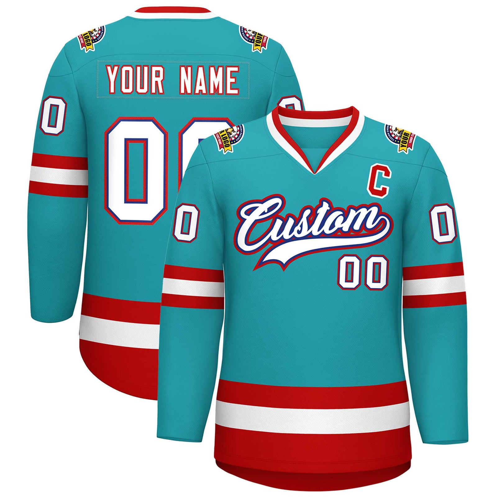 Custom Aqua White Royal-Red Classic Style Hockey Jersey