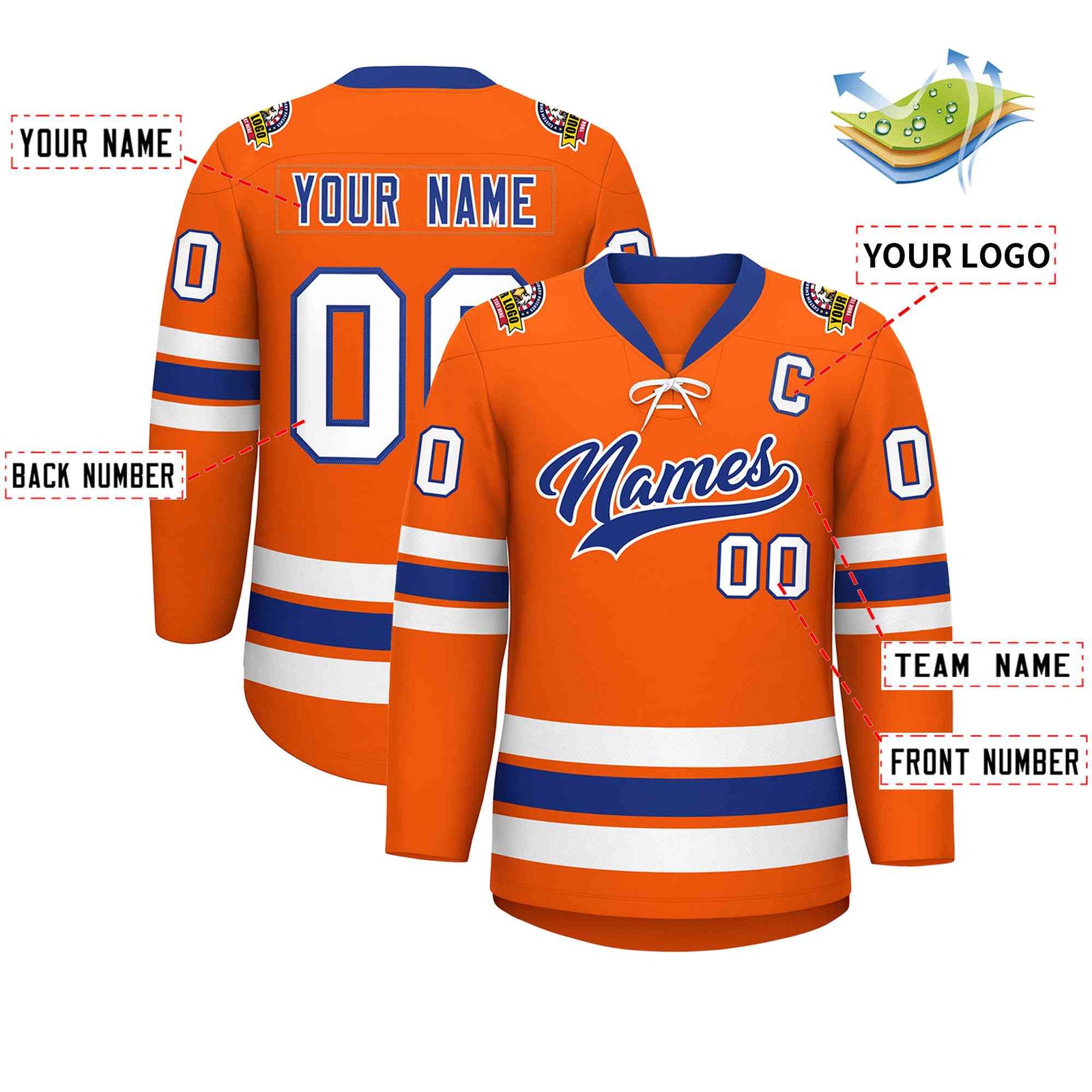 Custom Orange Royal-White Lace-Up Neck Hockey Jersey