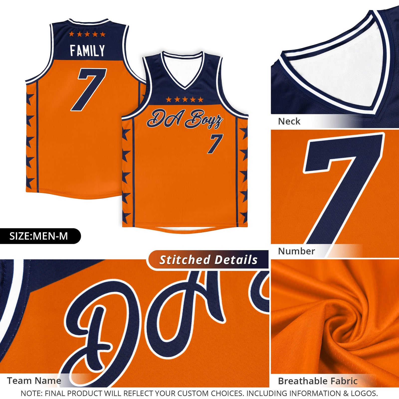 Custom Orange Navy Color Block Sets Sports Uniform Basketball Jersey