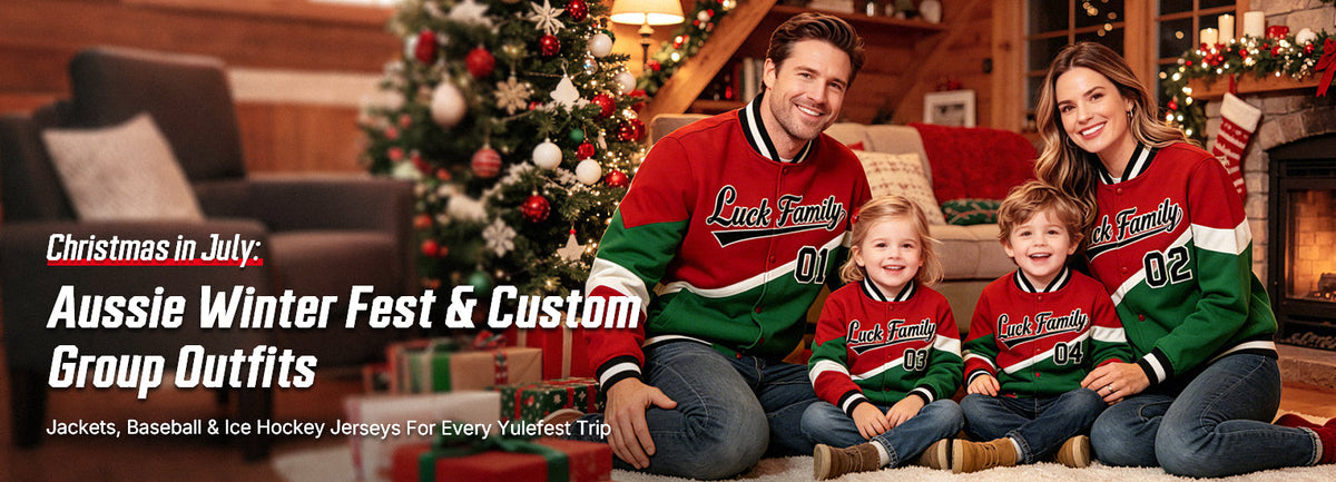 Aussie Christmas in July promotional, family matching custom varsity jackets, personalized group winter outfits from kxk for holiday trips, custom baseball & hockey jerseys available