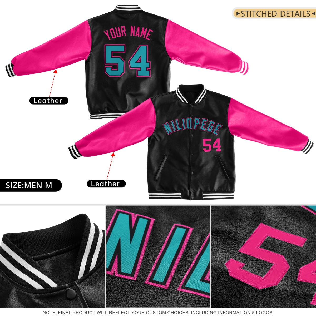 Custom Black White Raglan Sleeves Full-Snap Varsity Faux Leather Letterman Jacket