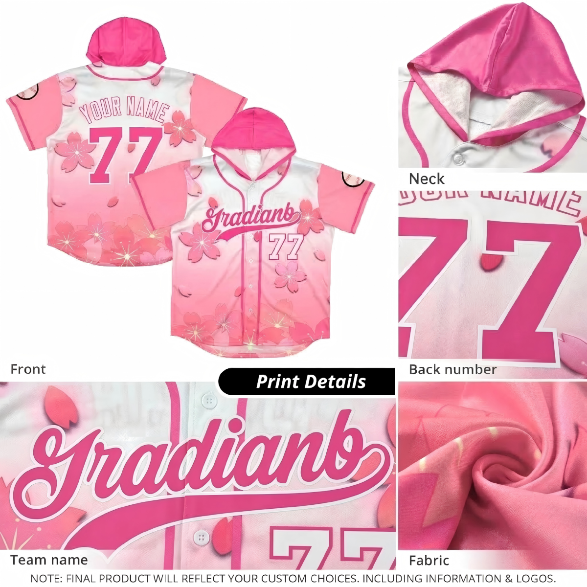Custom Hooded Baseball Jersey | Pink Gold Cherry Blossom Breathable Athleisure Streetwear