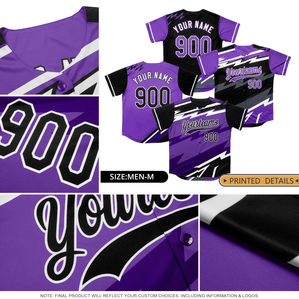 Custom Purple Royal Yellow short sleeves Reversible Lightning Pattern Graffiti Graffiti Pattern Lightweight Baseball Jersey| KXKSHOP