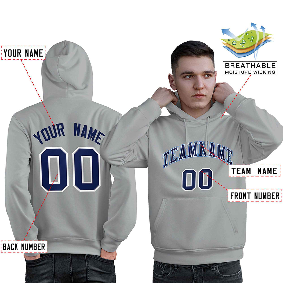 Custom Gray Light Blue-Navy Classic Style Personalized Sport Pullover Hoodie
