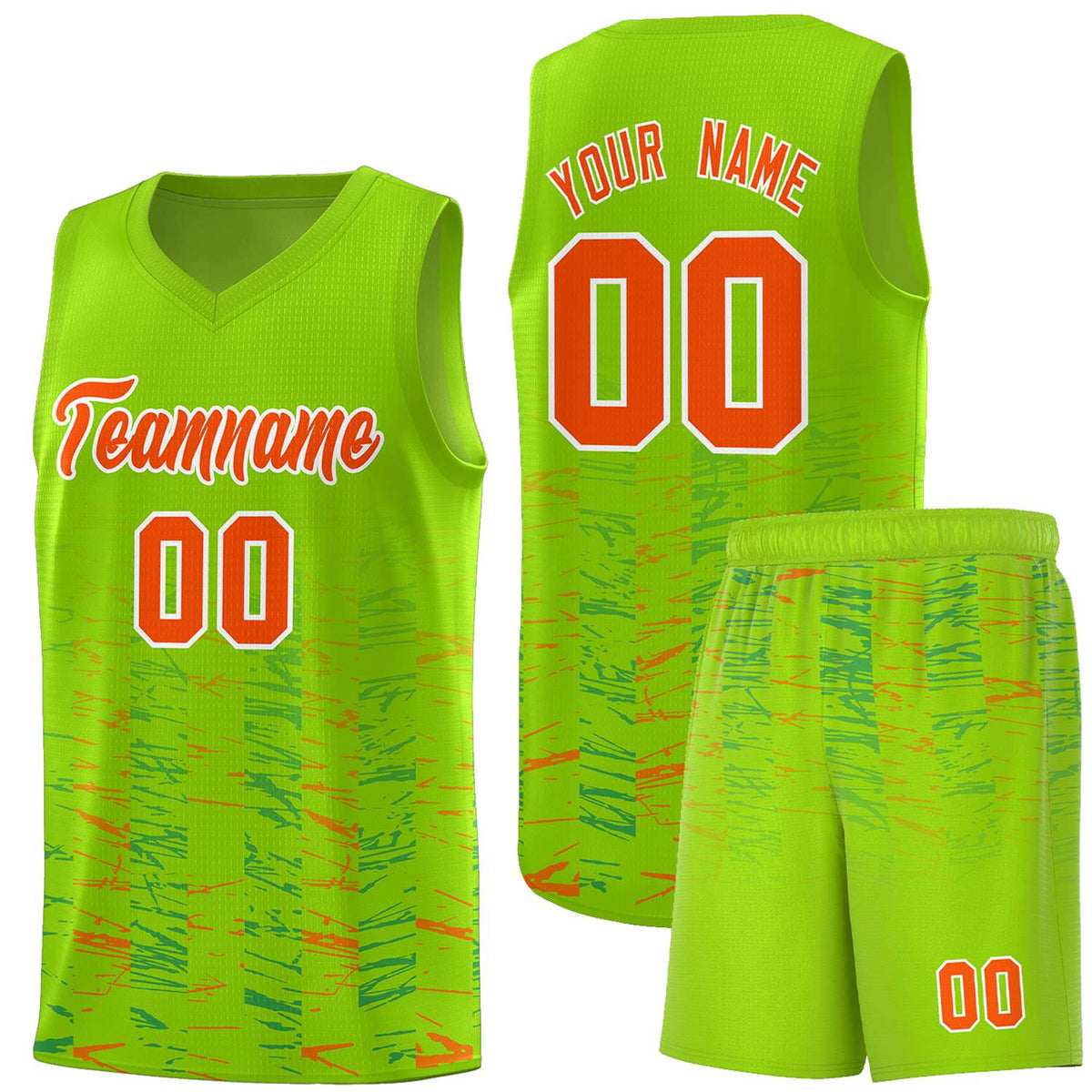 Custom Neon Green Orange Personalized Scratches Pattern Sports Uniform Basketball Jersey