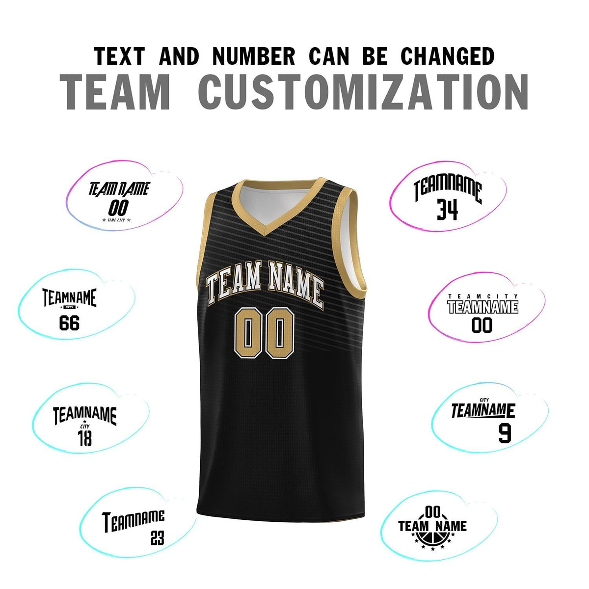 Custom Black Old Gold Chest Slash Patttern Sports Uniform Basketball Jersey