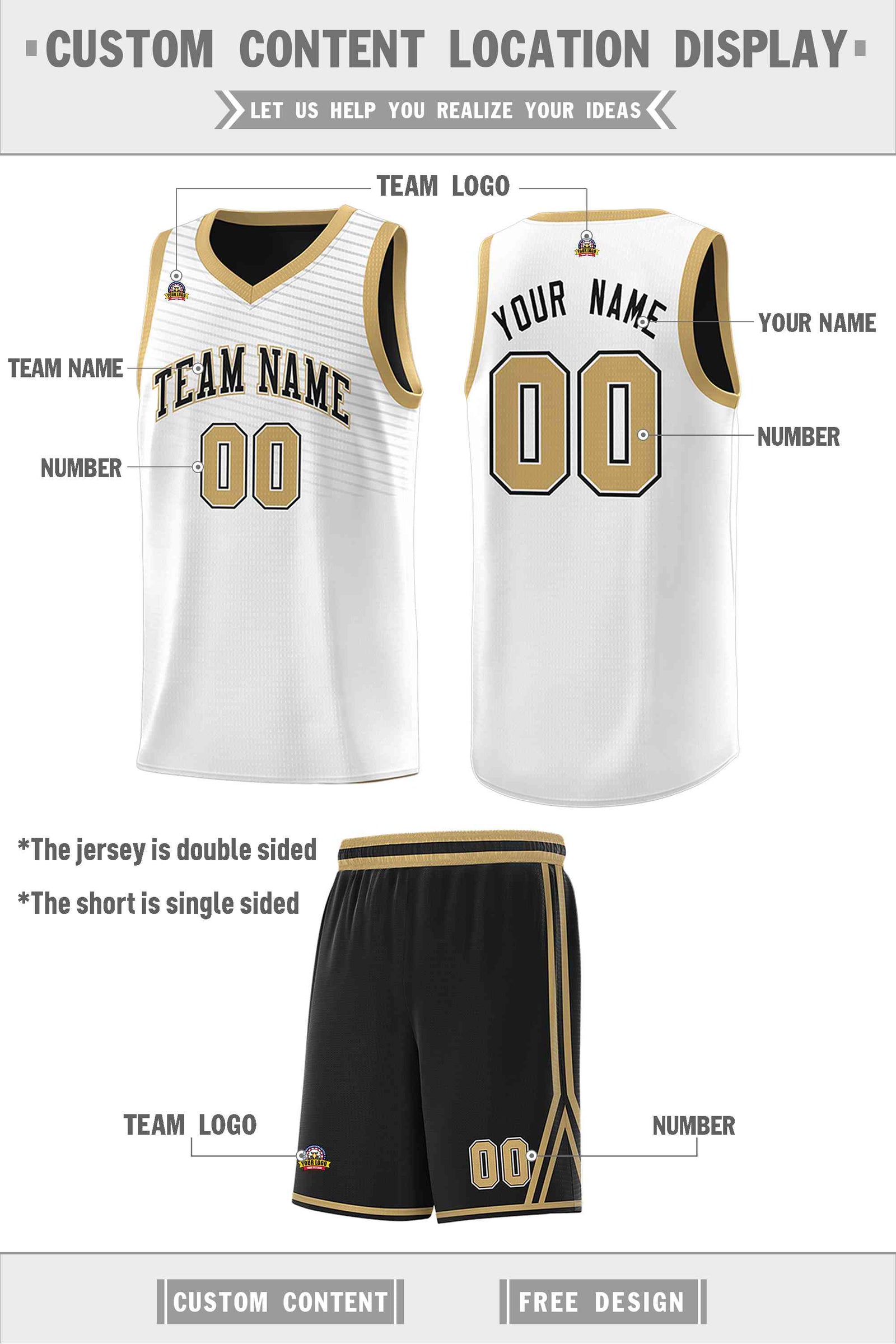 Custom Black White Chest Slash Patttern Double Side Sports Uniform Basketball Jersey