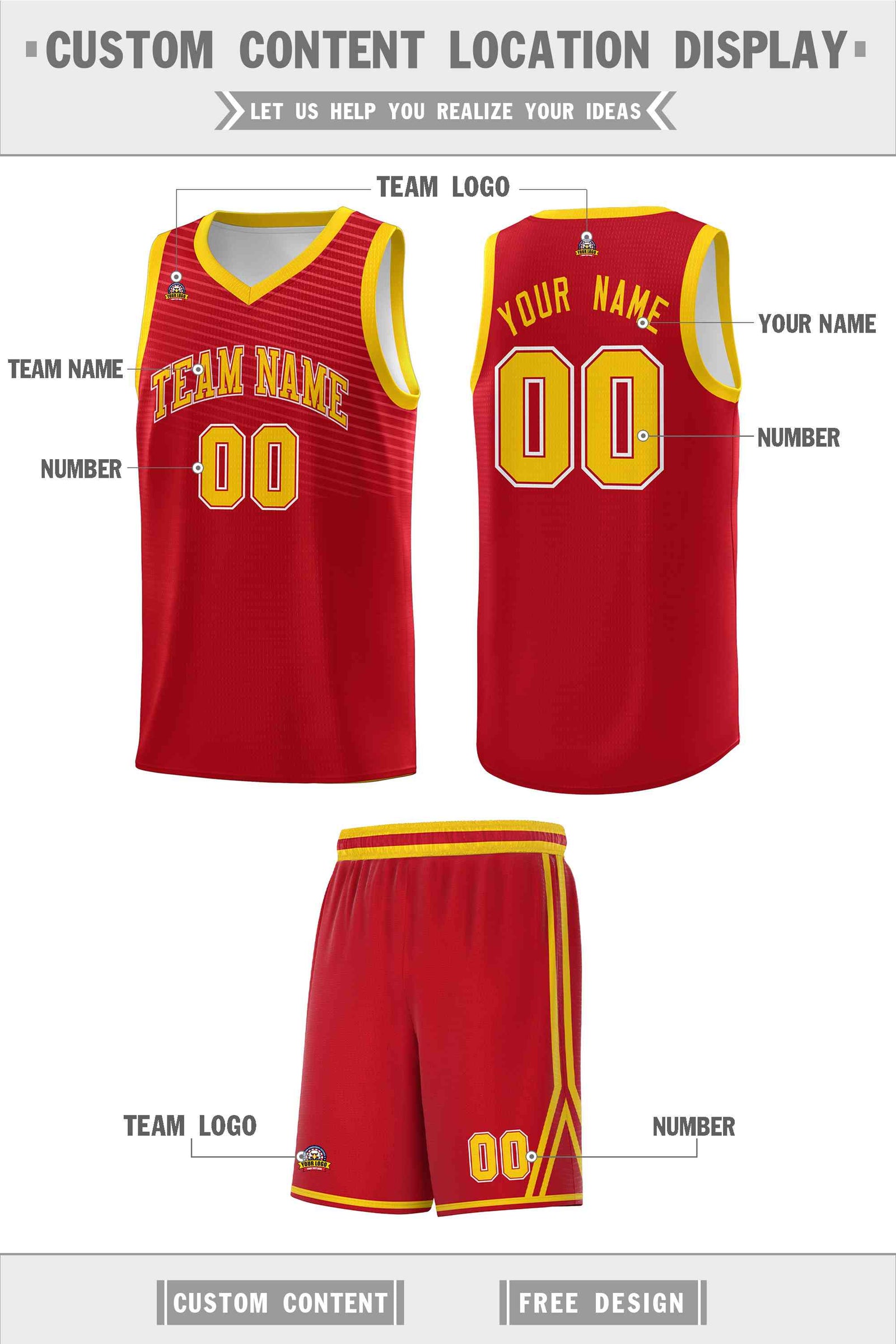 Custom Red Gold Chest Slash Patttern Sports Uniform Basketball Jersey