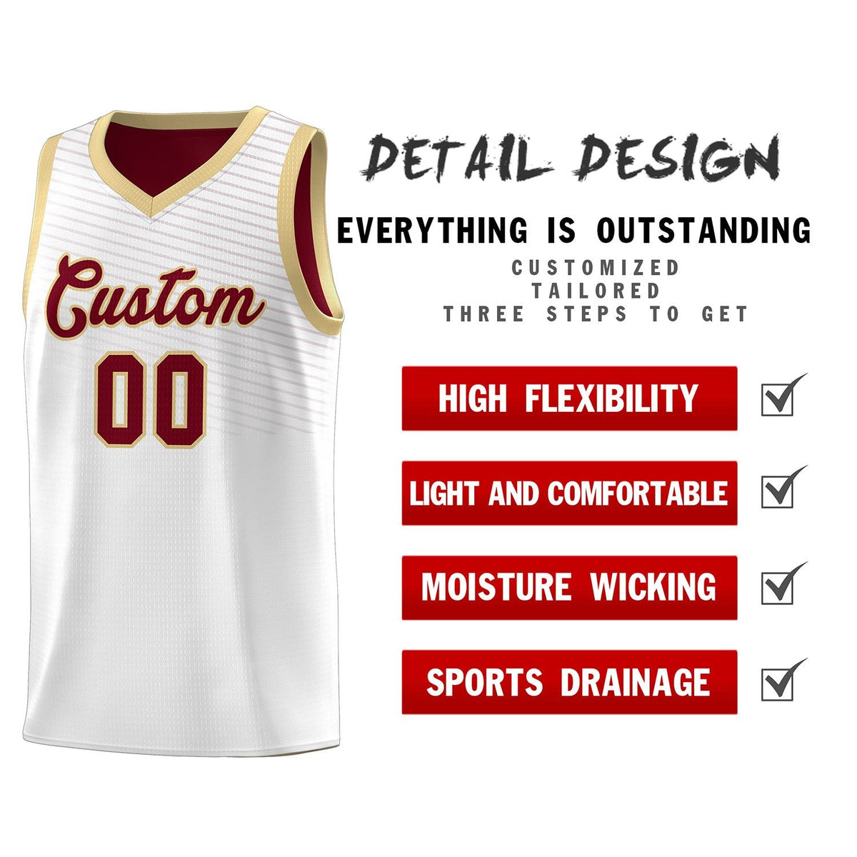 Custom White Crimson Chest Slash Patttern Sports Uniform Basketball Jersey