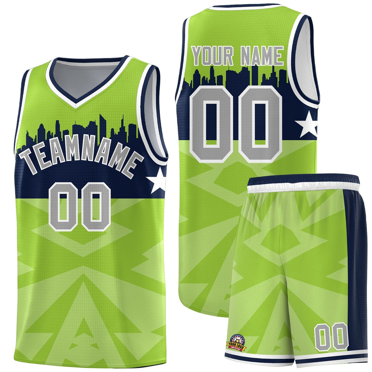 Custom Neon Green Personalized City Silhouette Pattern Sports Uniform Basketball Jersey