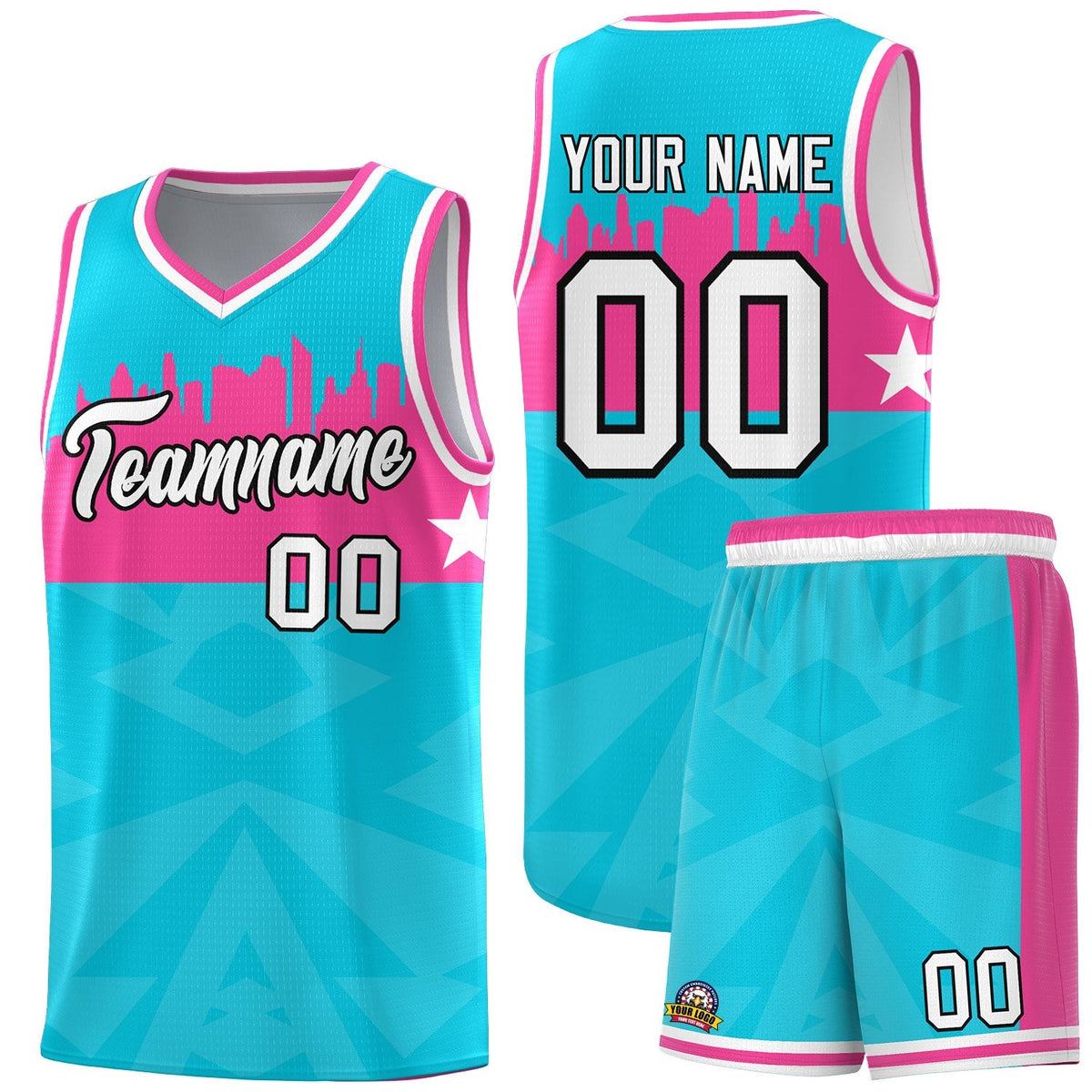 Custom Sky Blue Personalized City Silhouette Pattern Sports Uniform Basketball Jersey