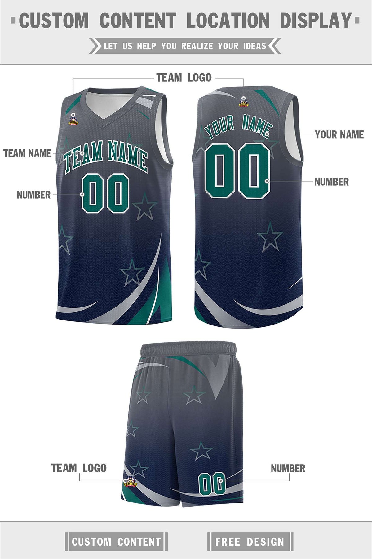 Custom Gray Navy Gradient Star Graffiti Pattern Sports Uniform Basketball Jersey