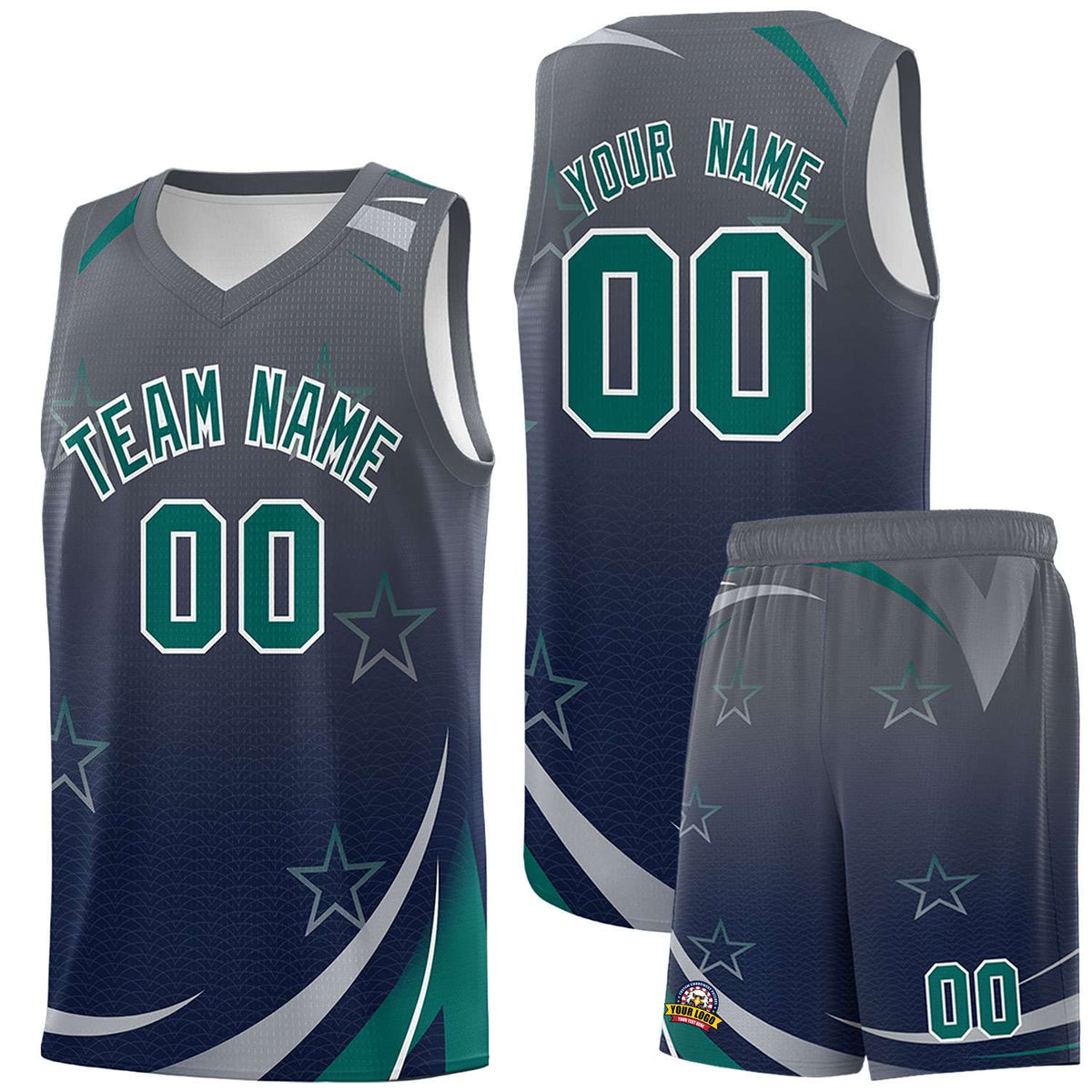 Custom Gray Navy Gradient Star Graffiti Pattern Sports Uniform Basketball Jersey