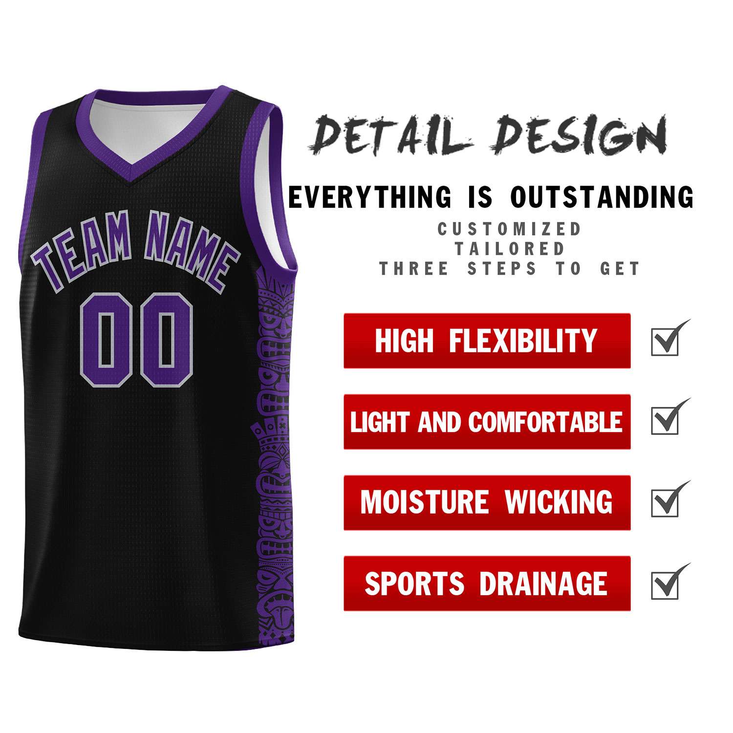 Custom Black Purple Personalized Indians Pattern Sets Sports Uniform Basketball Jersey