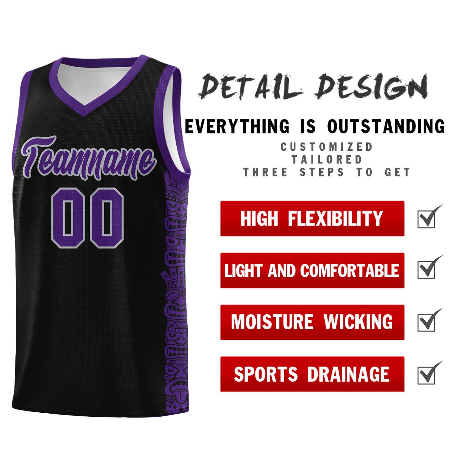 Custom Black Purple Personalized Indians Pattern Sets Sports Uniform Basketball Jersey
