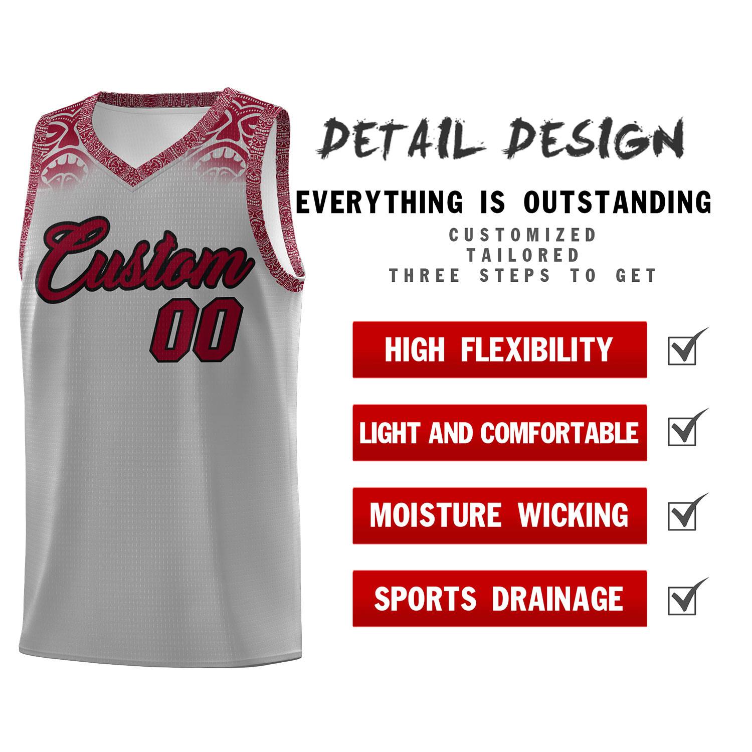 Custom Gray Crimson Personalized Indians Print Sets Sports Uniform Basketball Jersey