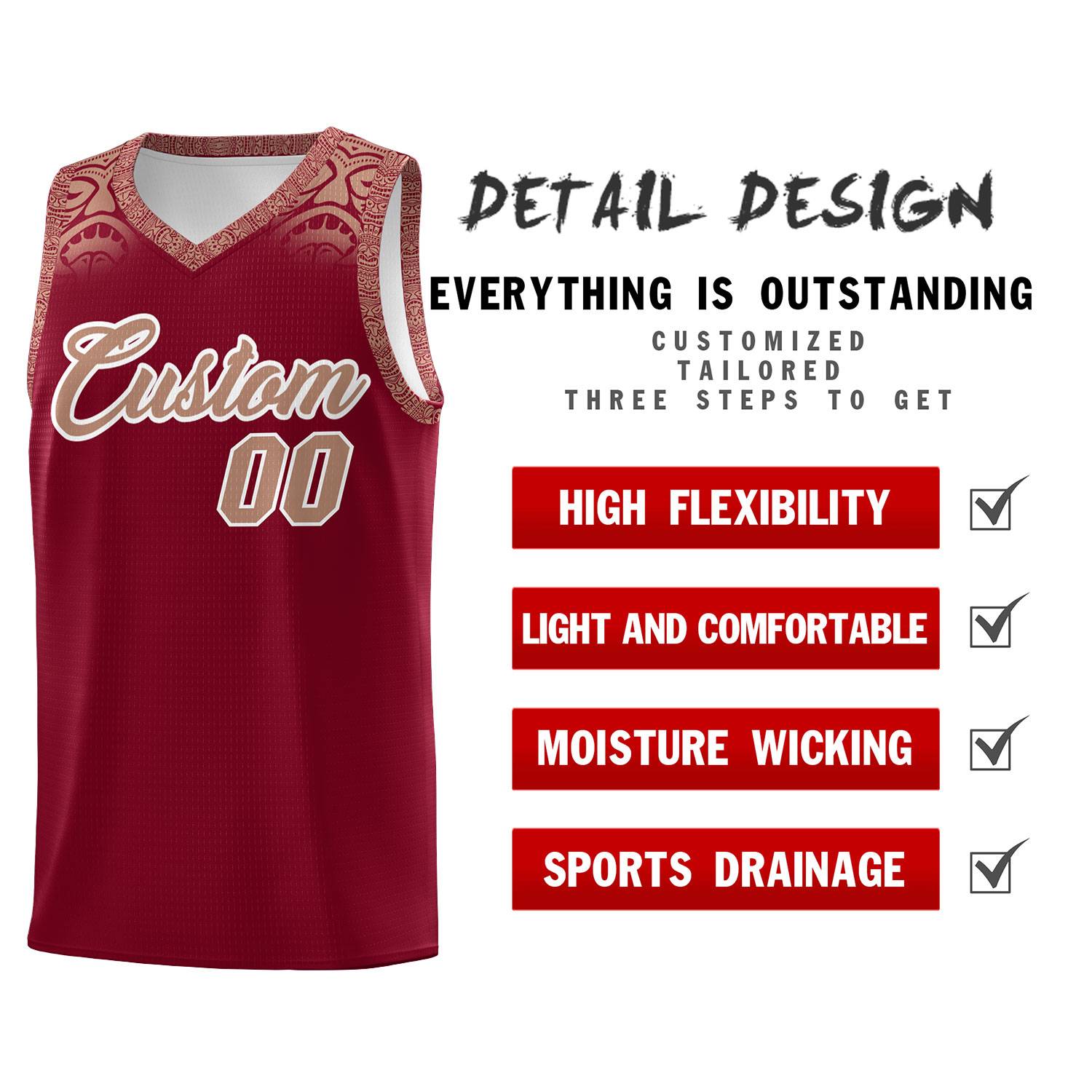 Custom Crimson Teabrown Personalized Indians Print Sets Sports Uniform Basketball Jersey