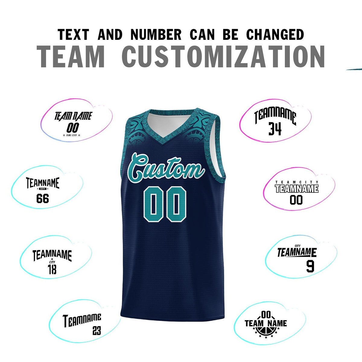 Custom Navy Aqua Personalized Indians Print Sets Sports Uniform Basketball Jersey