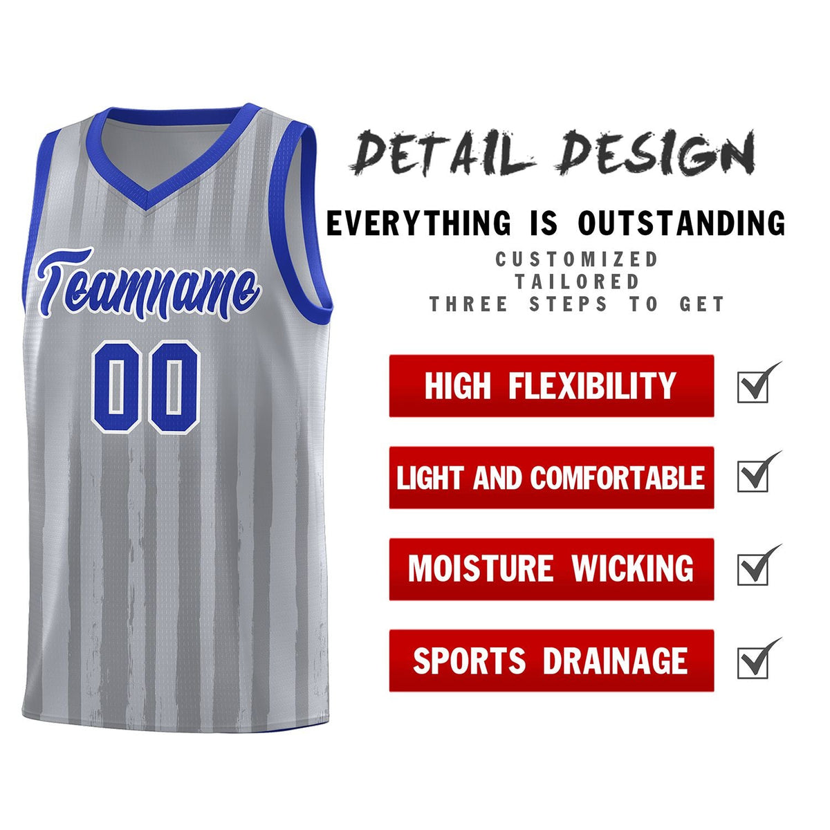 Custom Gray Royal Vertical Striped Pattern Sports Uniform Basketball Jersey