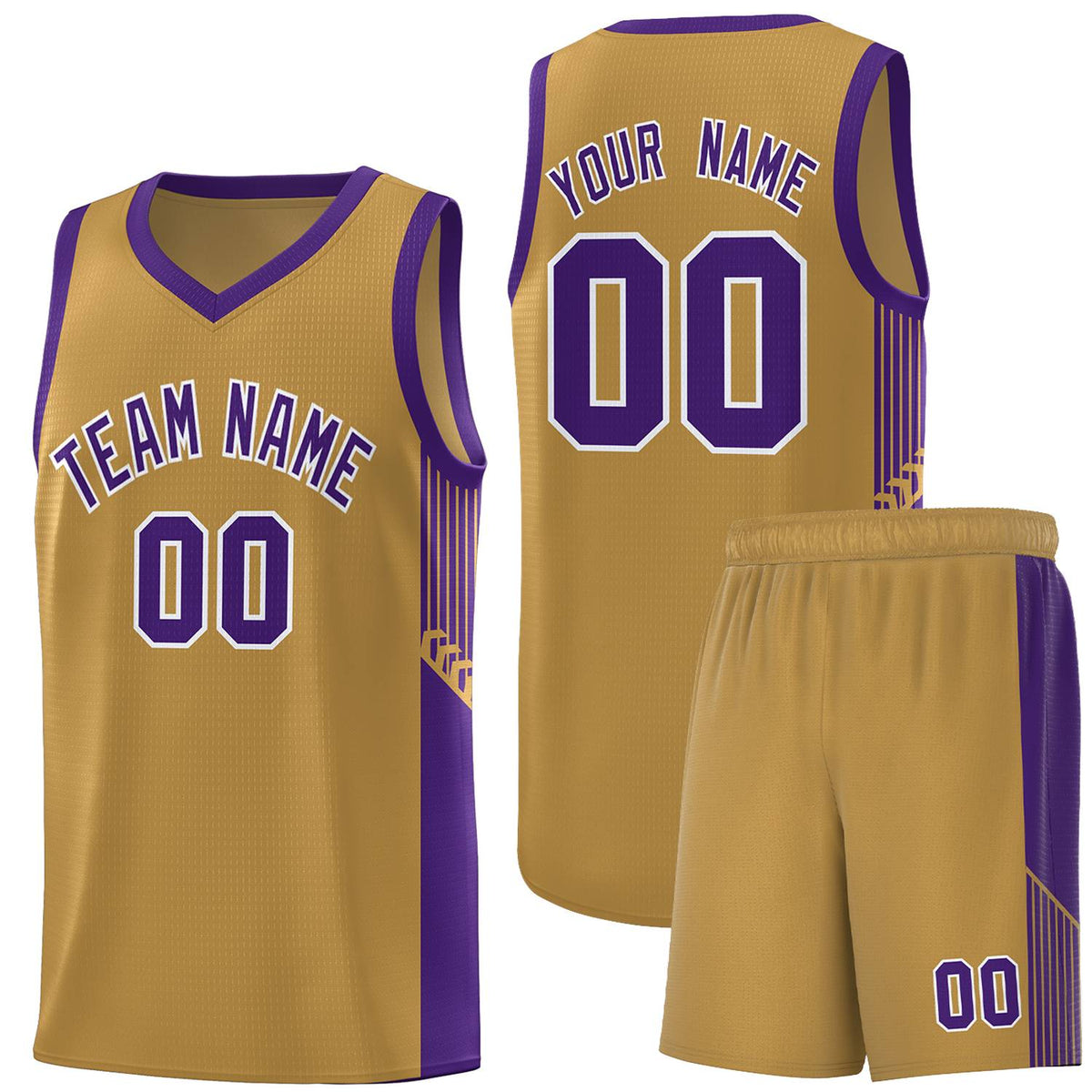 Custom Old Gold Purple-White Side Stripe Fashion Sports Uniform Basketball Jersey