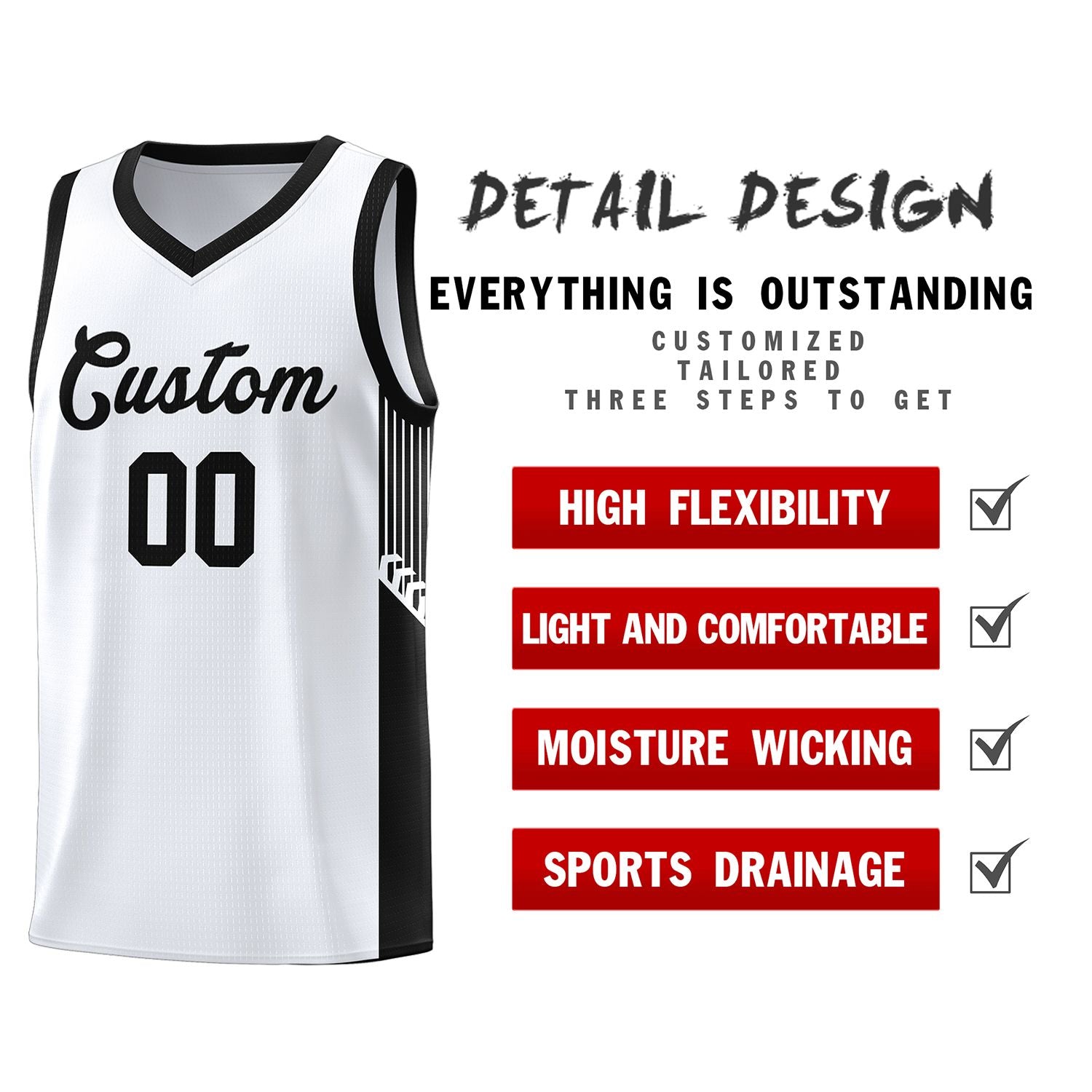 Custom White Black Side Stripe Fashion Sports Uniform Basketball Jersey