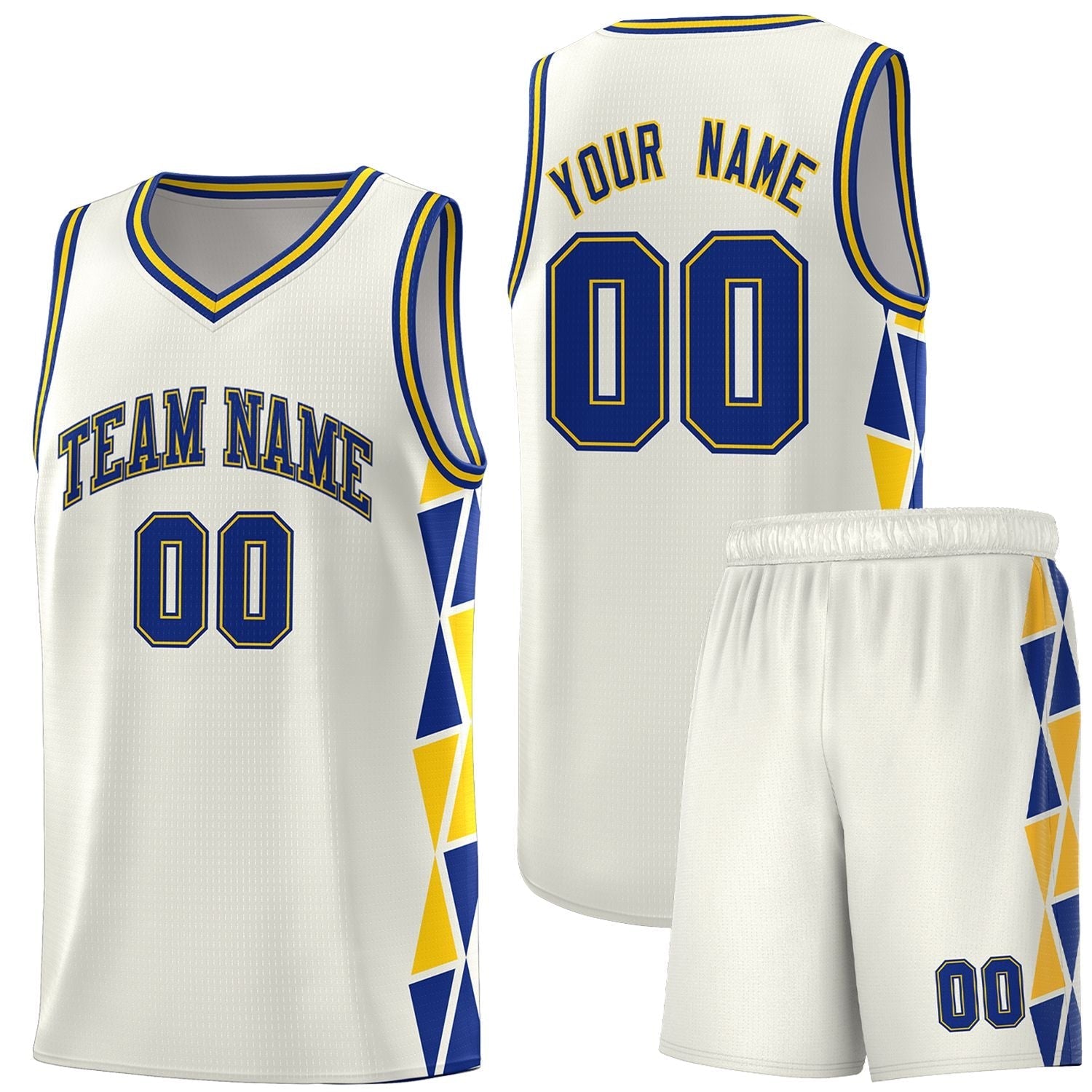 Custom Cream Royal-Gold Side Two-Color Triangle Splicing Sports Uniform Basketball Jersey