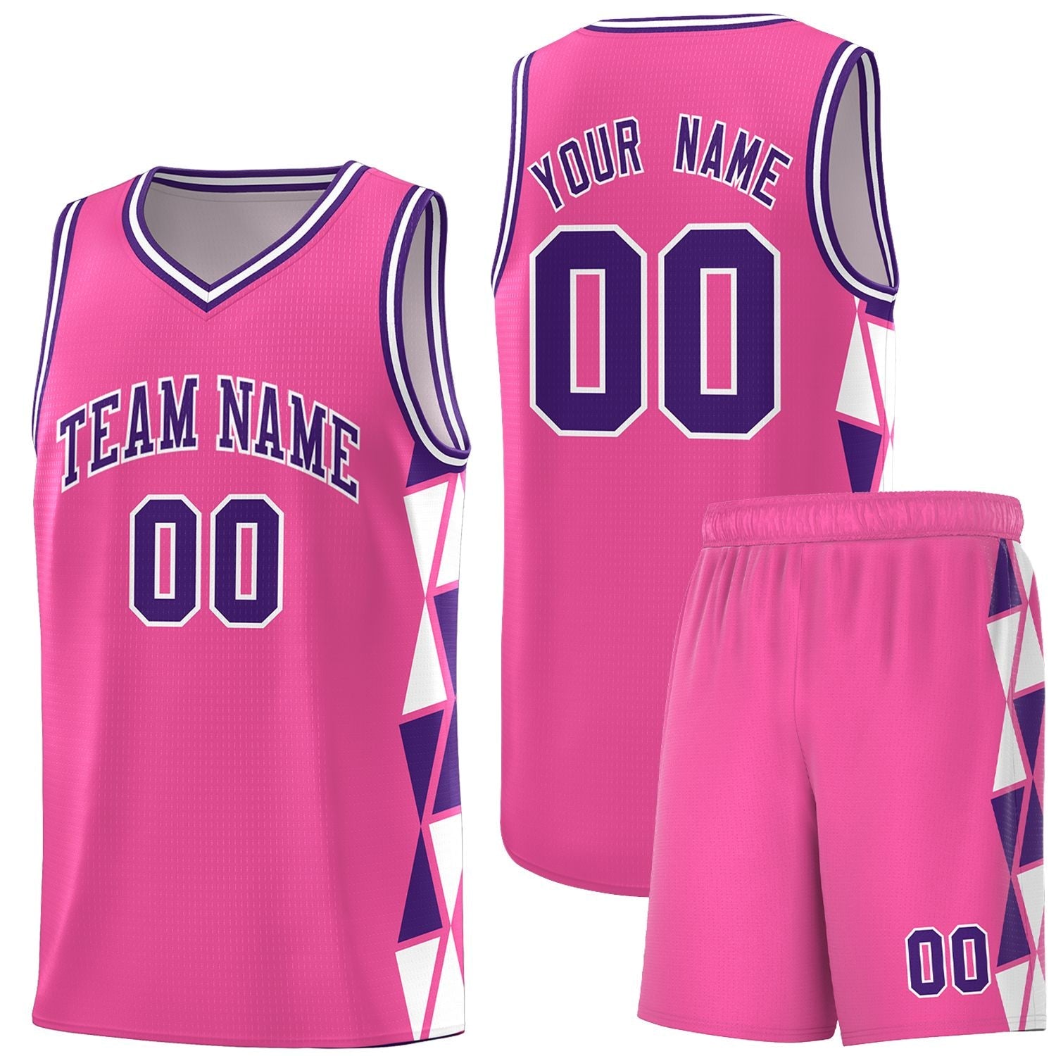 Custom Pink Purple-White Side Two-Color Triangle Splicing Sports Uniform Basketball Jersey