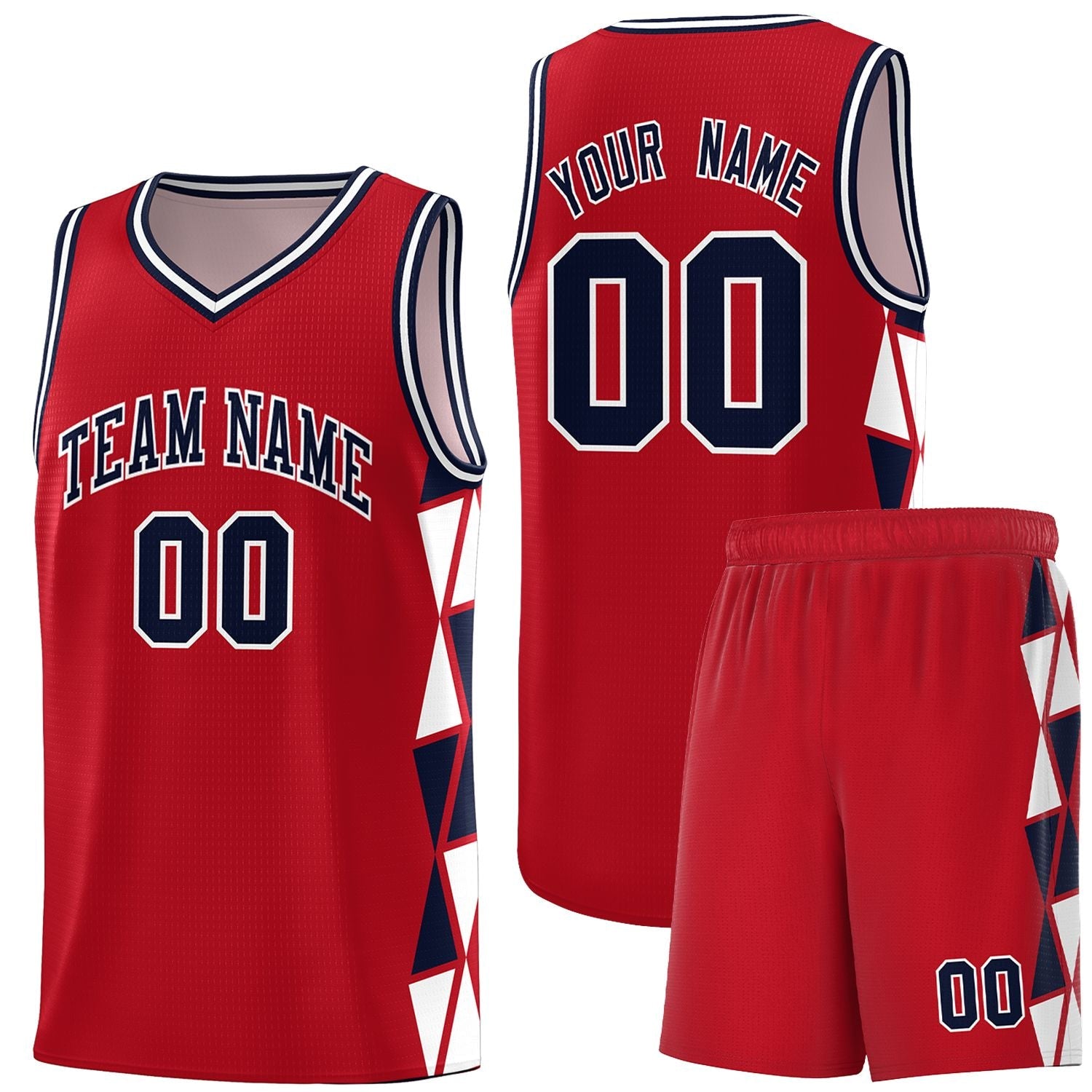Custom Red Navy-White Side Two-Color Triangle Splicing Sports Uniform Basketball Jersey