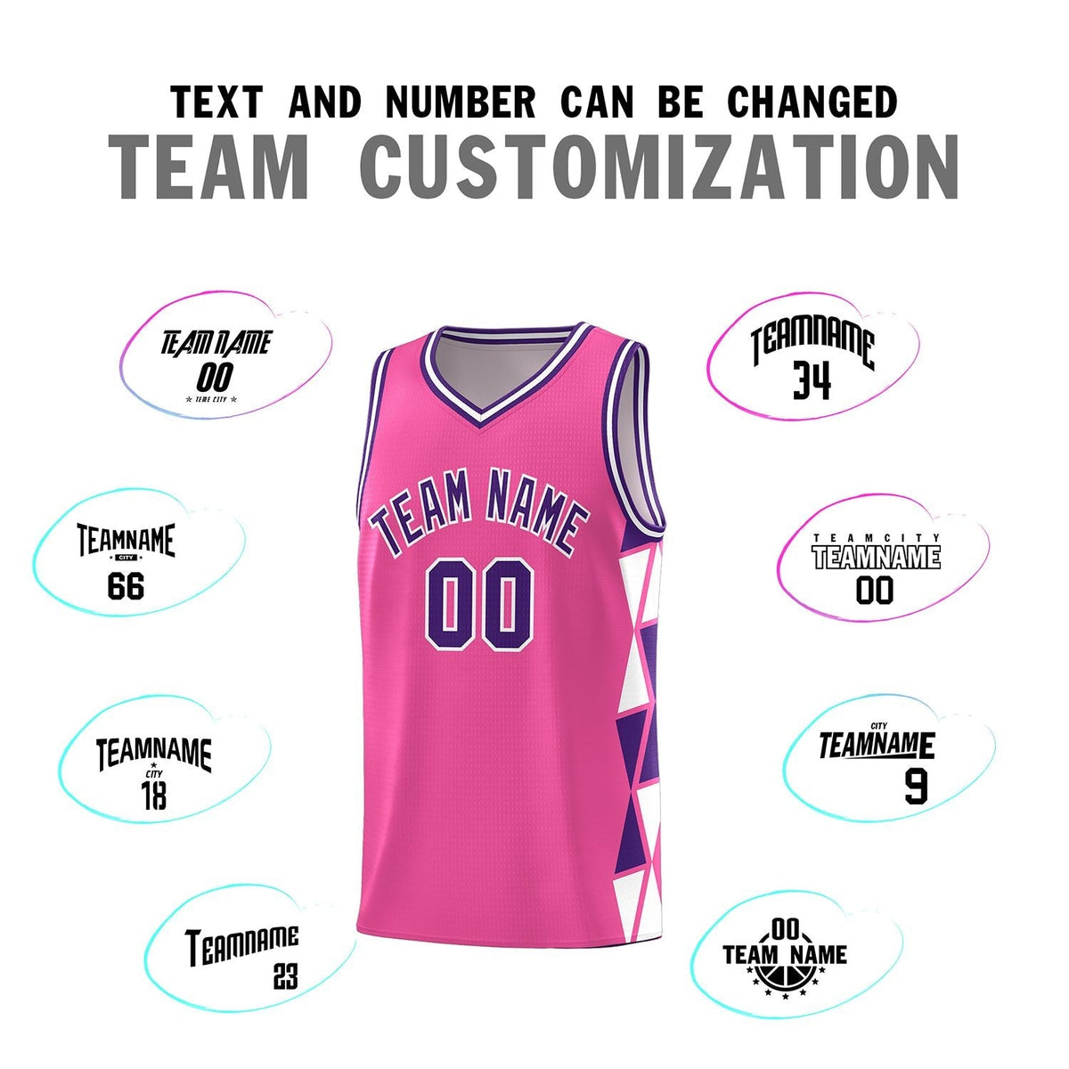 Custom Pink Purple-White Side Two-Color Triangle Splicing Sports Uniform Basketball Jersey